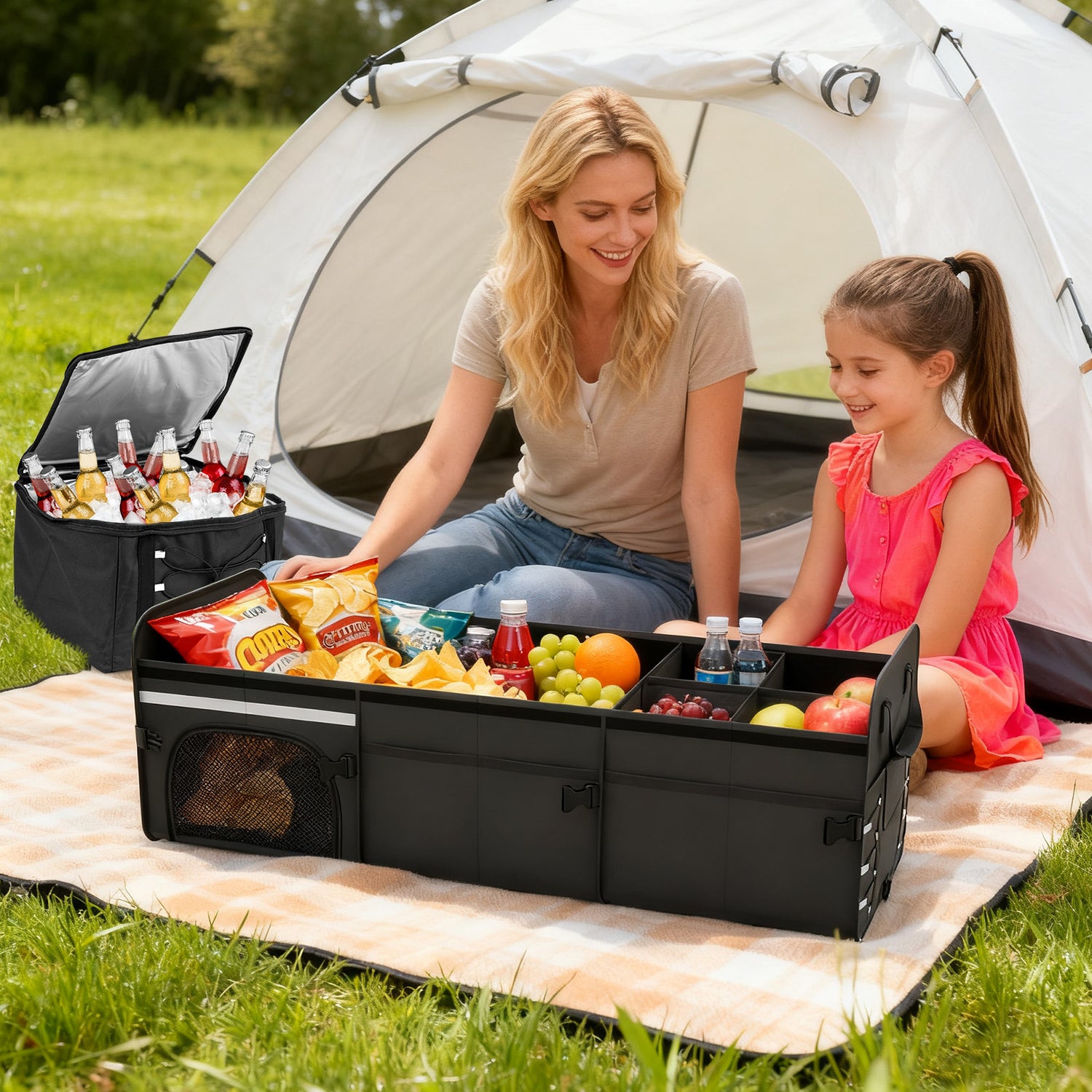 18 Gal Car Trunk Organizer with Lid 3-Compartment Portable Storage Box-Black