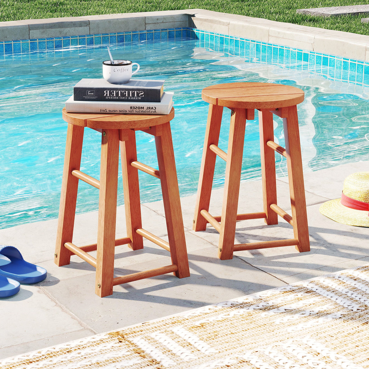 18-Inch Outdoor Wood Bar Stools Set of 2 with Round Seat and Footrest