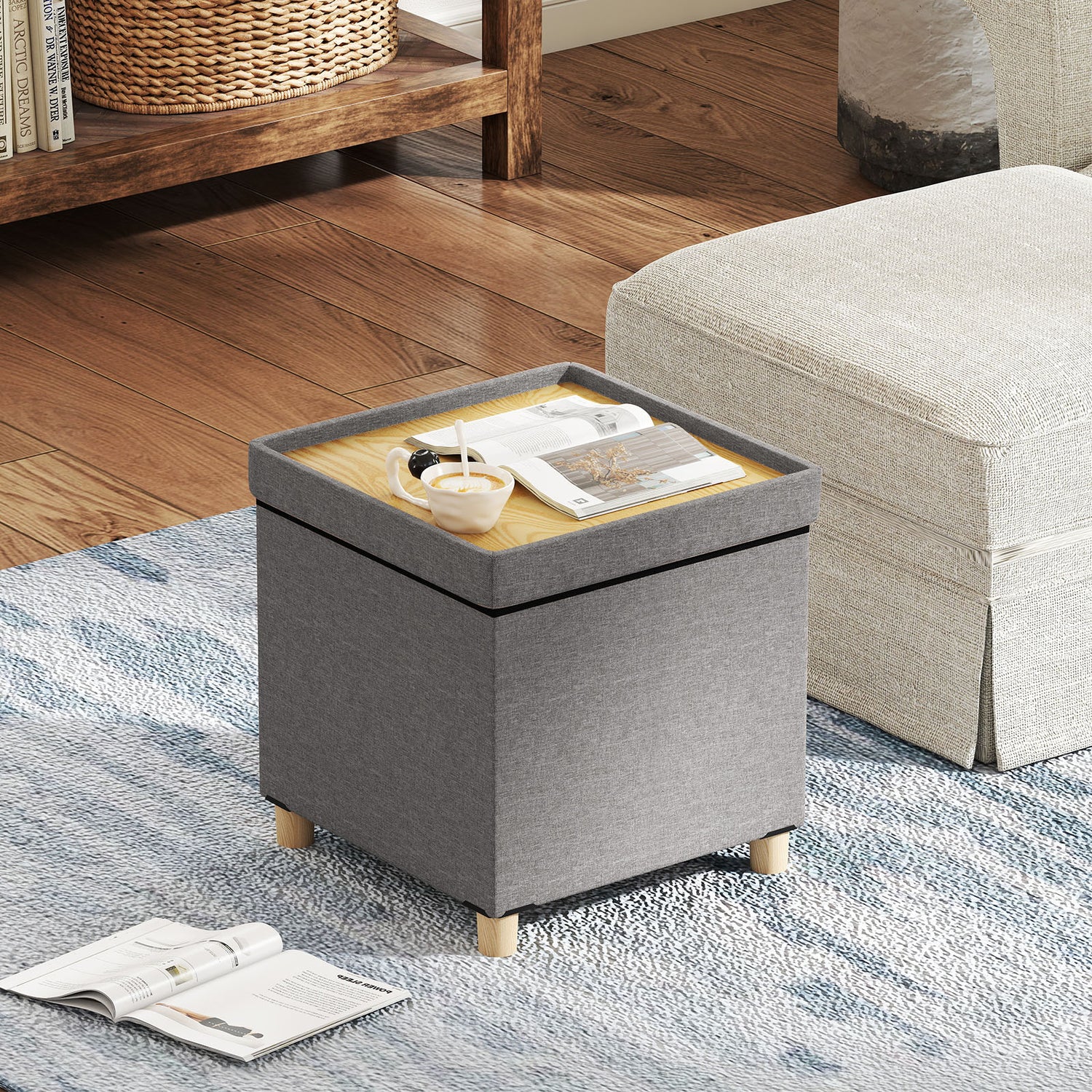 18 Inches Ottoman with Storage and Rubber Wood Legs-Gray