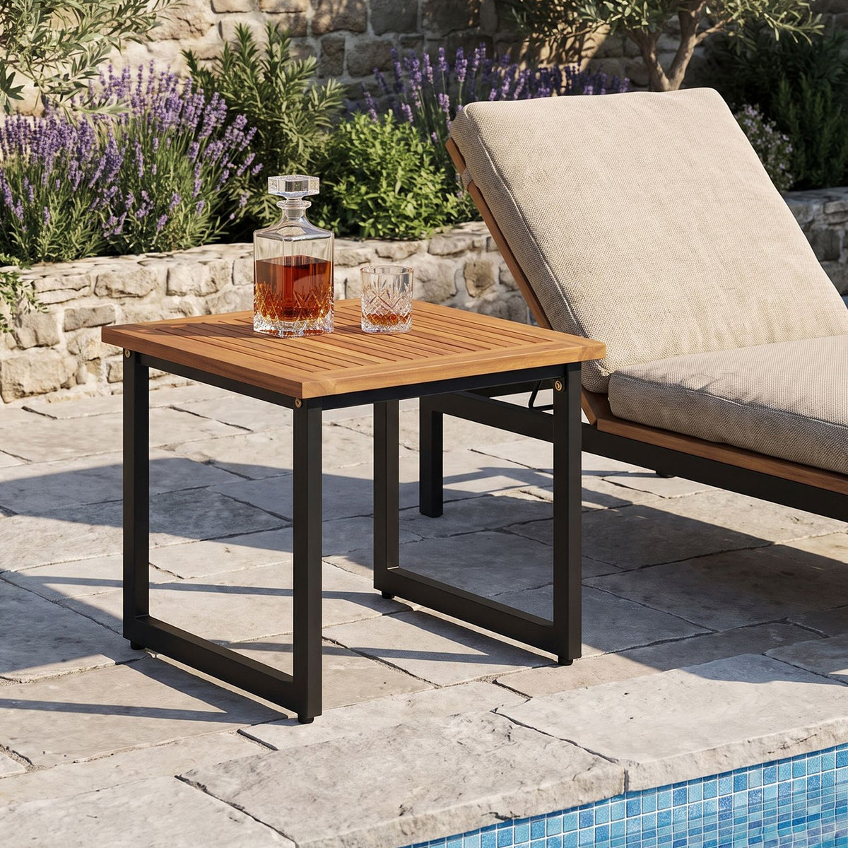 Square Acacia Wood Patio Side Table Outdoor End Table with Slatted Top-Set of 2