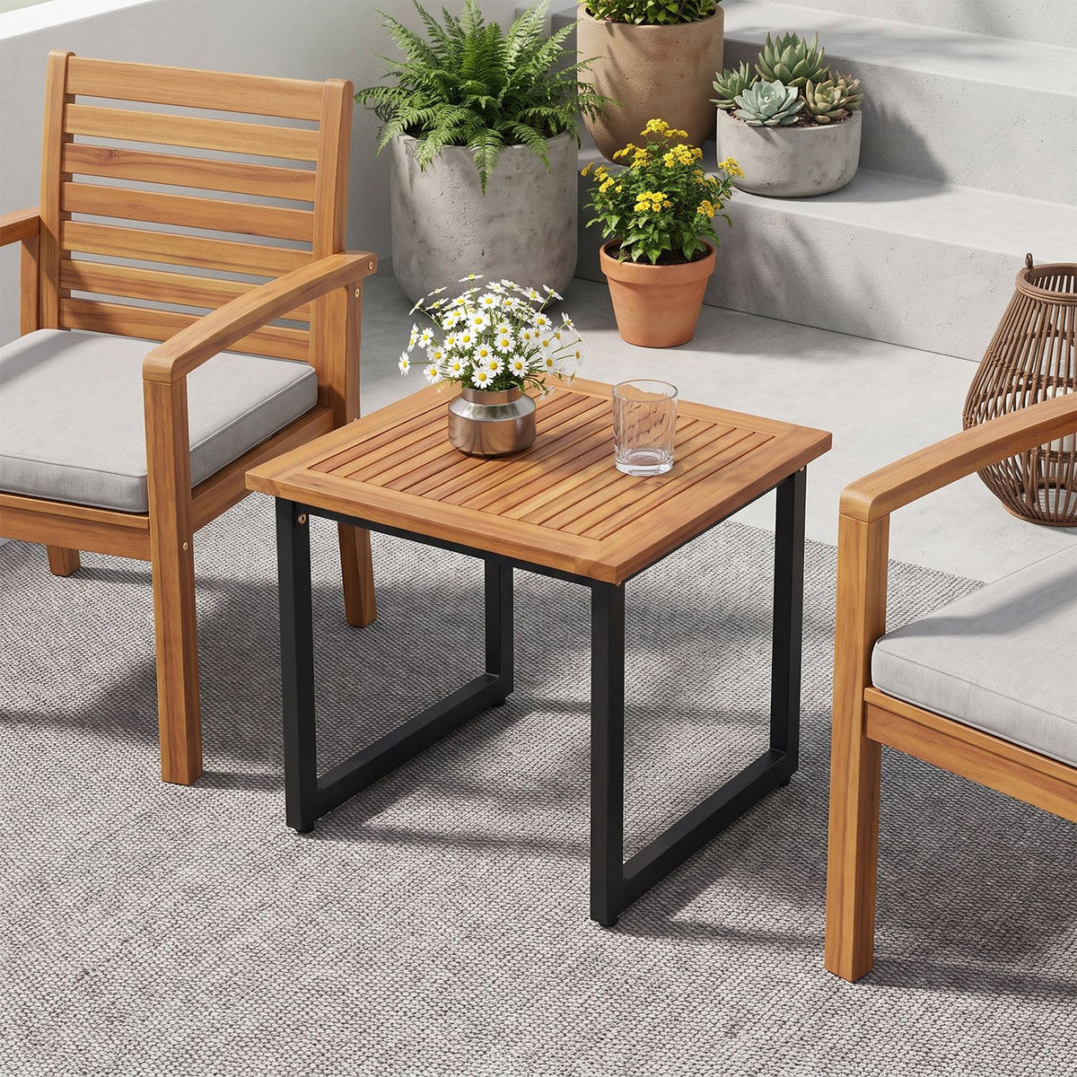 Square Acacia Wood Patio Side Table Outdoor End Table with Slatted Top-Set of 2