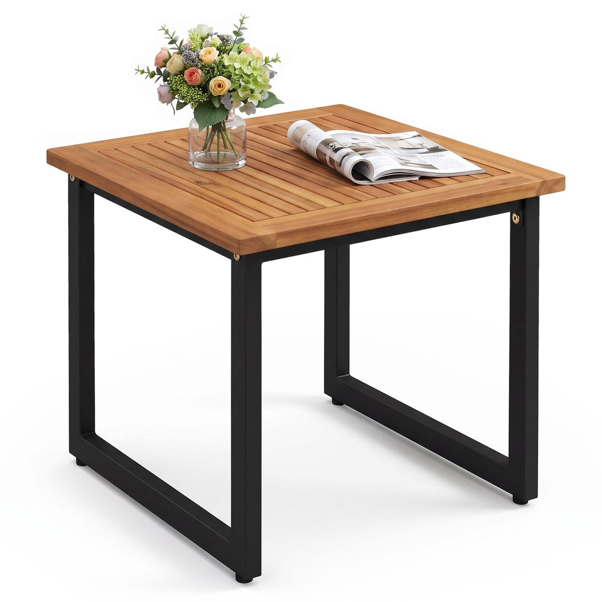 Square Acacia Wood Patio Side Table Outdoor End Table with Slatted Top-Set of 2