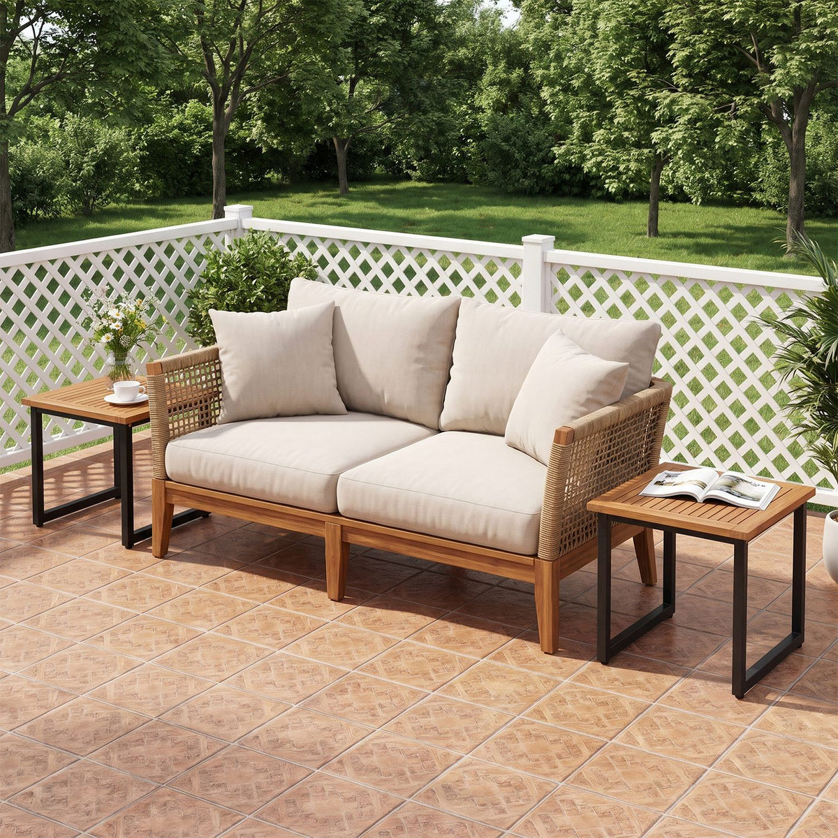 Square Acacia Wood Patio Side Table Outdoor End Table with Slatted Top-Set of 2