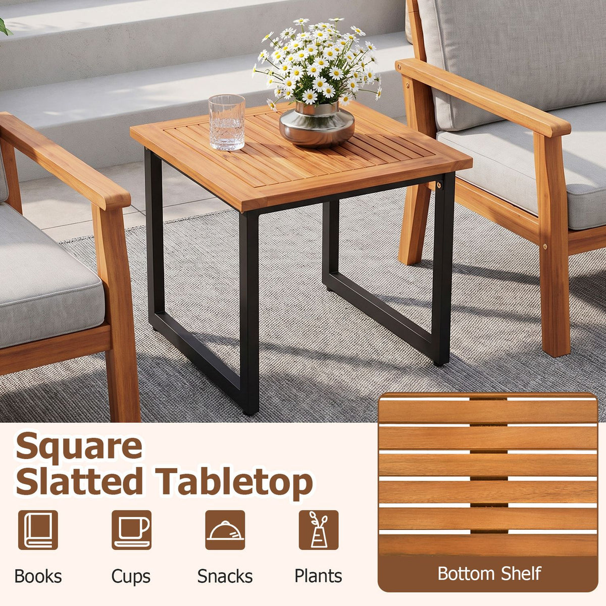 Square Acacia Wood Patio Side Table Outdoor End Table with Slatted Top-Set of 2