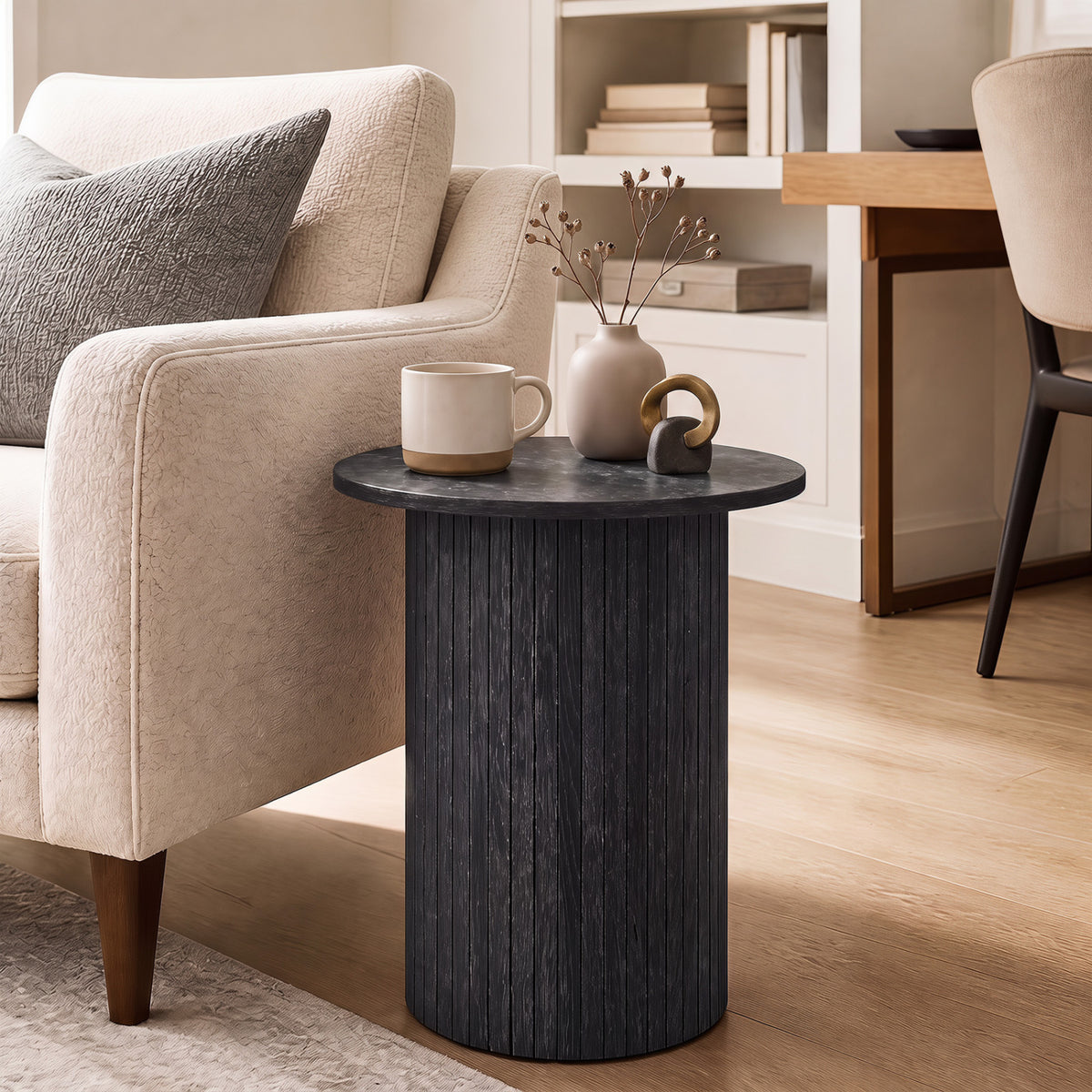 18" Round Fluted Side Table with Pedestal Drum Design and Non-Slip Foot Pads for Small Spaces