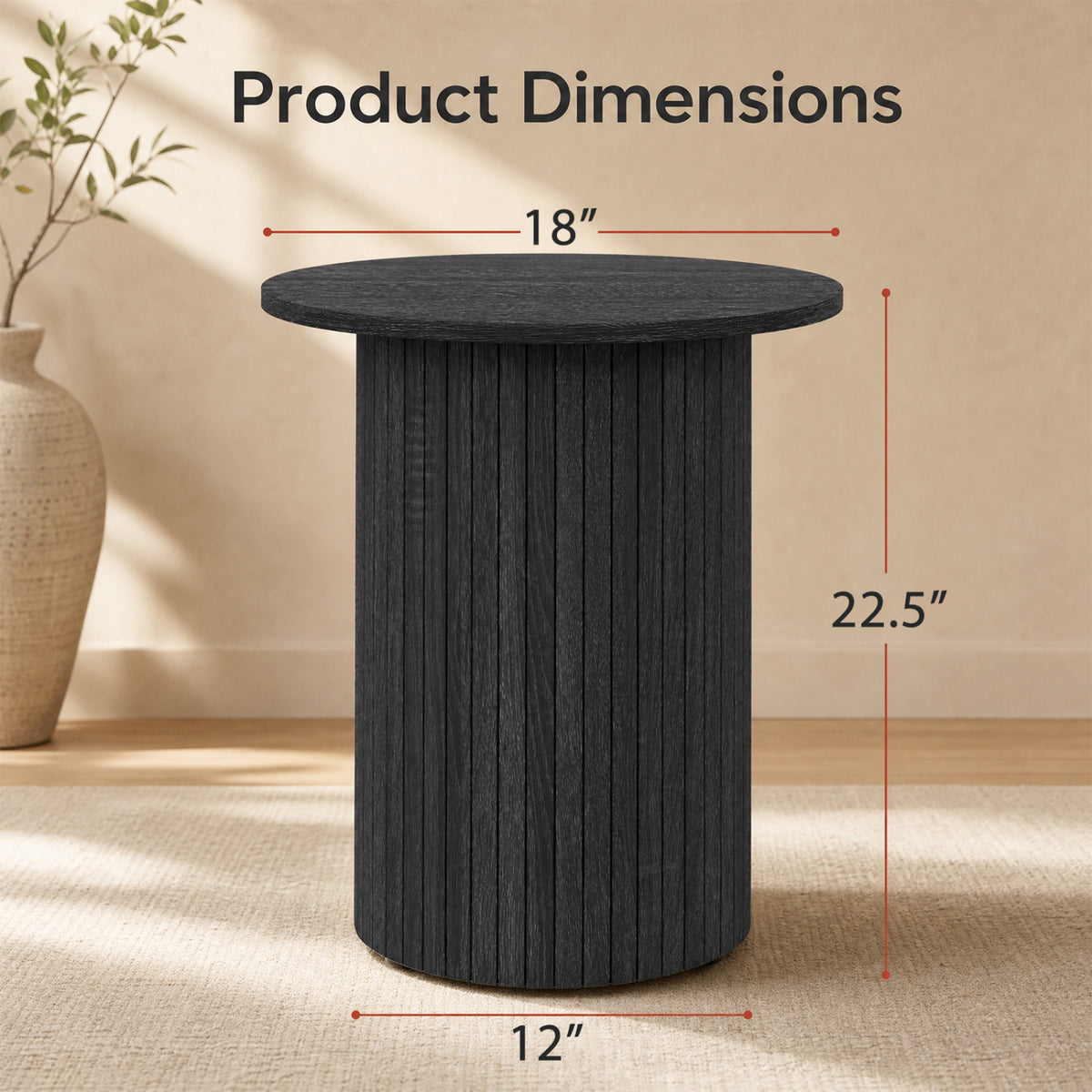 18" Round Fluted Side Table with Pedestal Drum Design and Non-Slip Foot Pads for Small Spaces