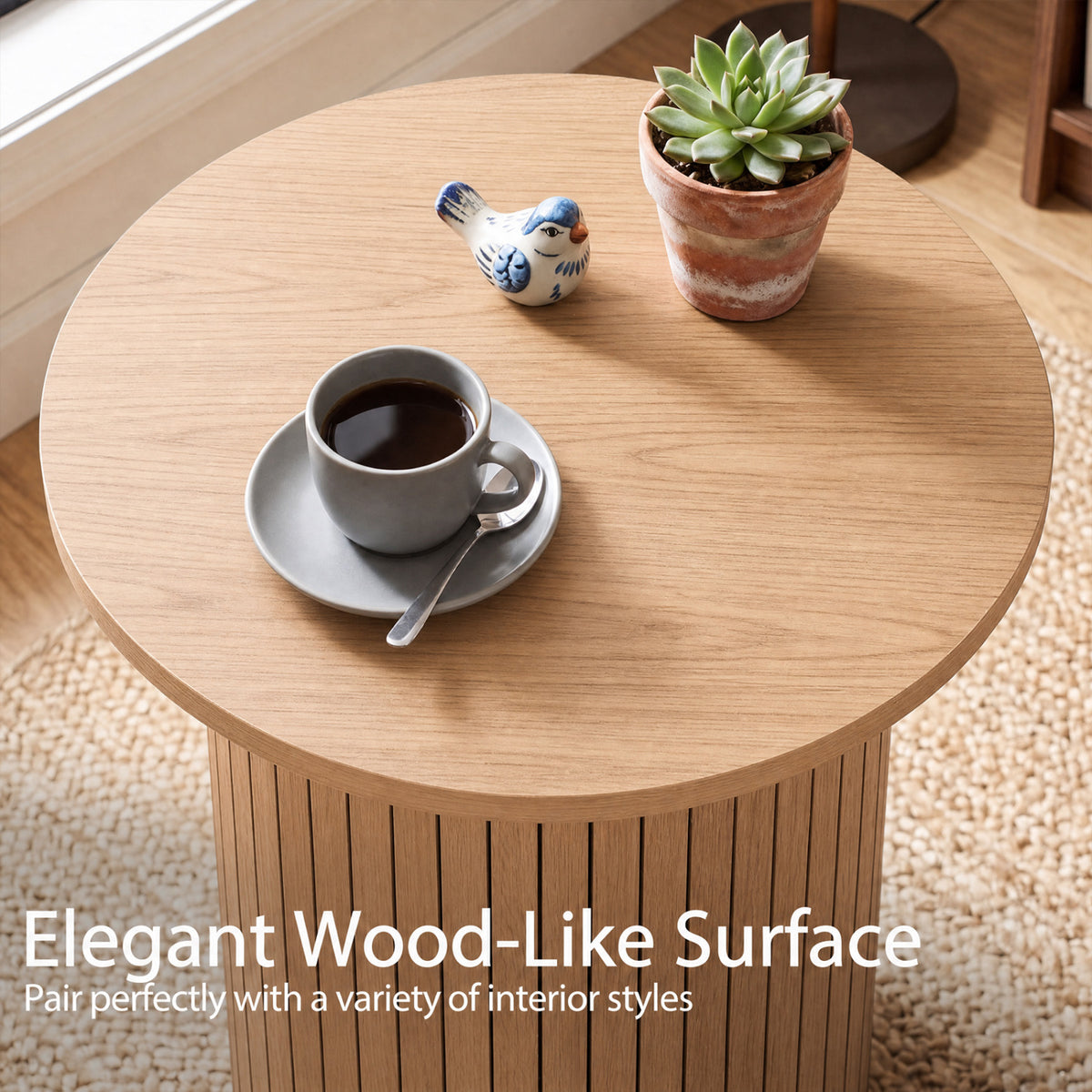 18" Round Fluted Side Table with Pedestal Drum Design and Non-Slip Foot Pads for Small Spaces