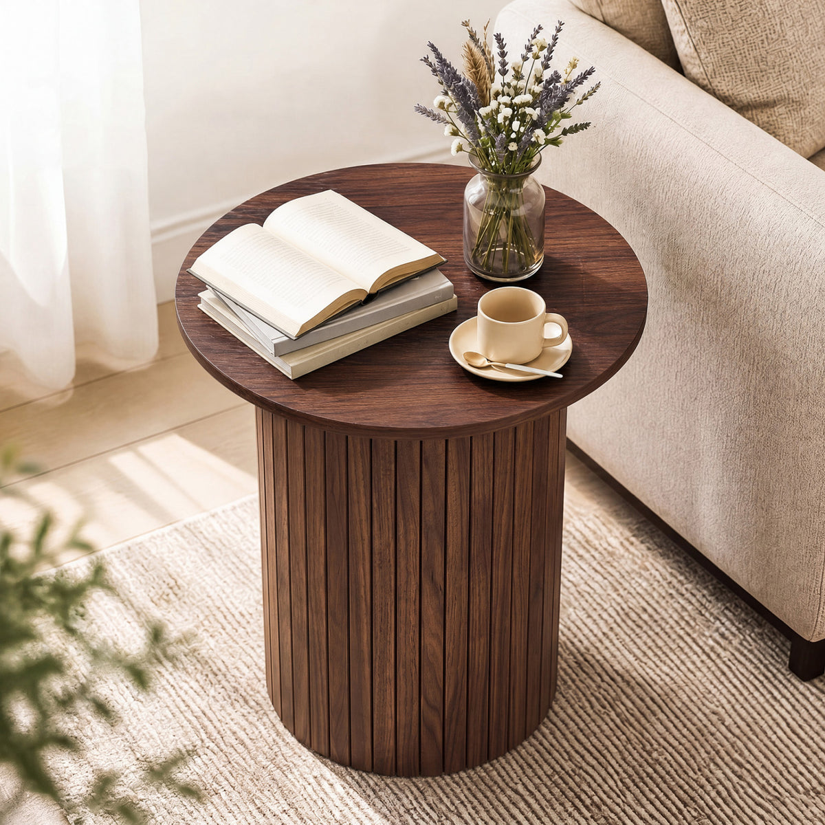 18" Round Fluted Side Table with Pedestal Drum Design and Non-Slip Foot Pads for Small Spaces