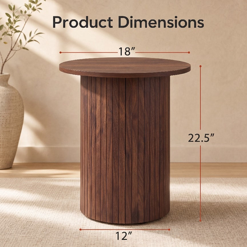 18" Round Fluted Side Table with Pedestal Drum Design and Non-Slip Foot Pads for Small Spaces
