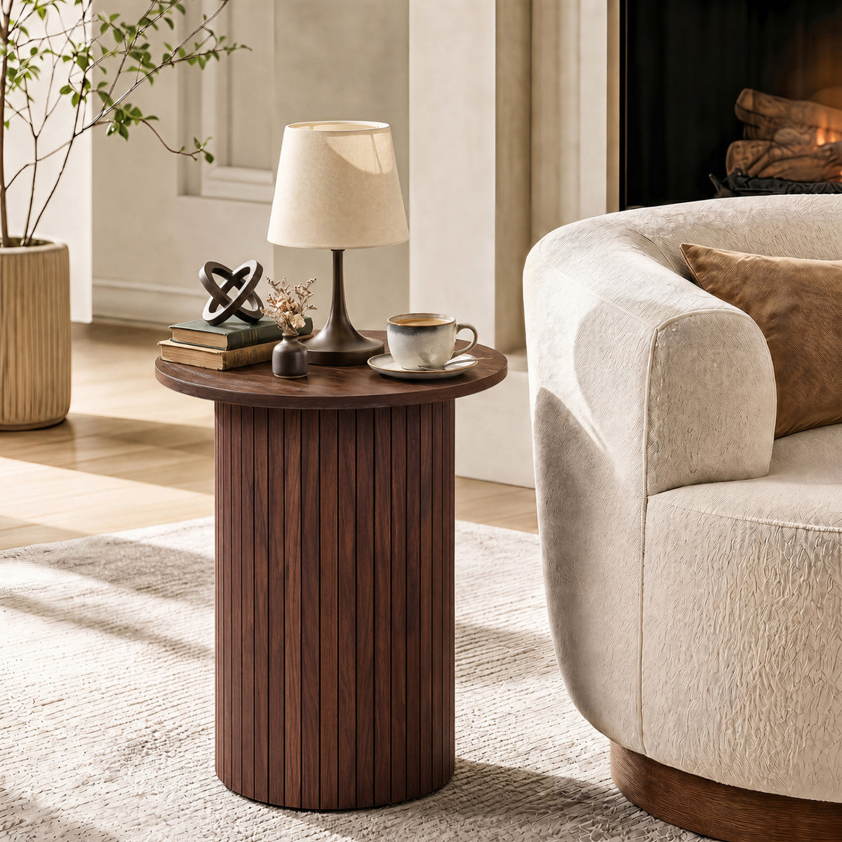 18" Round Fluted Side Table with Pedestal Drum Design and Non-Slip Foot Pads for Small Spaces