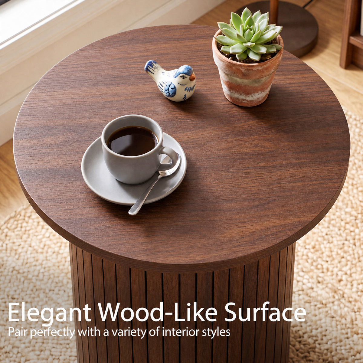 18" Round Fluted Side Table with Pedestal Drum Design and Non-Slip Foot Pads for Small Spaces