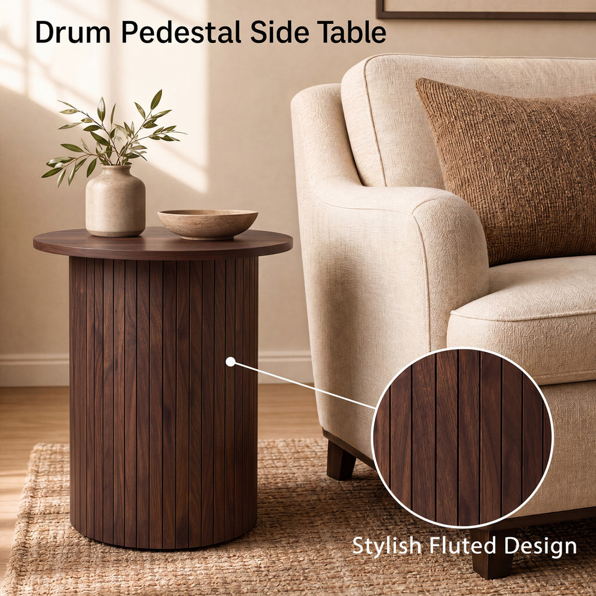18" Round Fluted Side Table with Pedestal Drum Design and Non-Slip Foot Pads for Small Spaces
