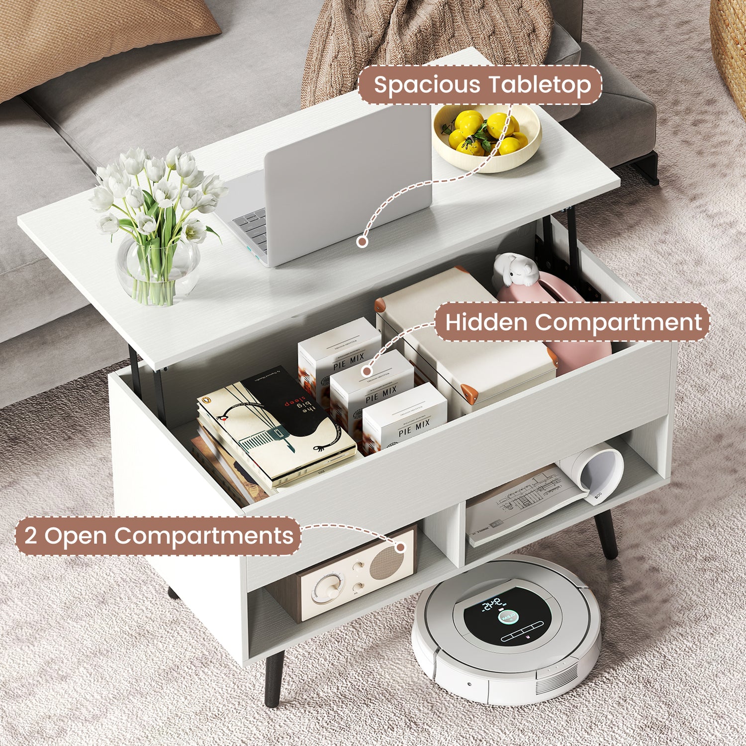 31.5 Inch Lift Top Coffee Table with Hidden Compartment and 2 Storage Shelves