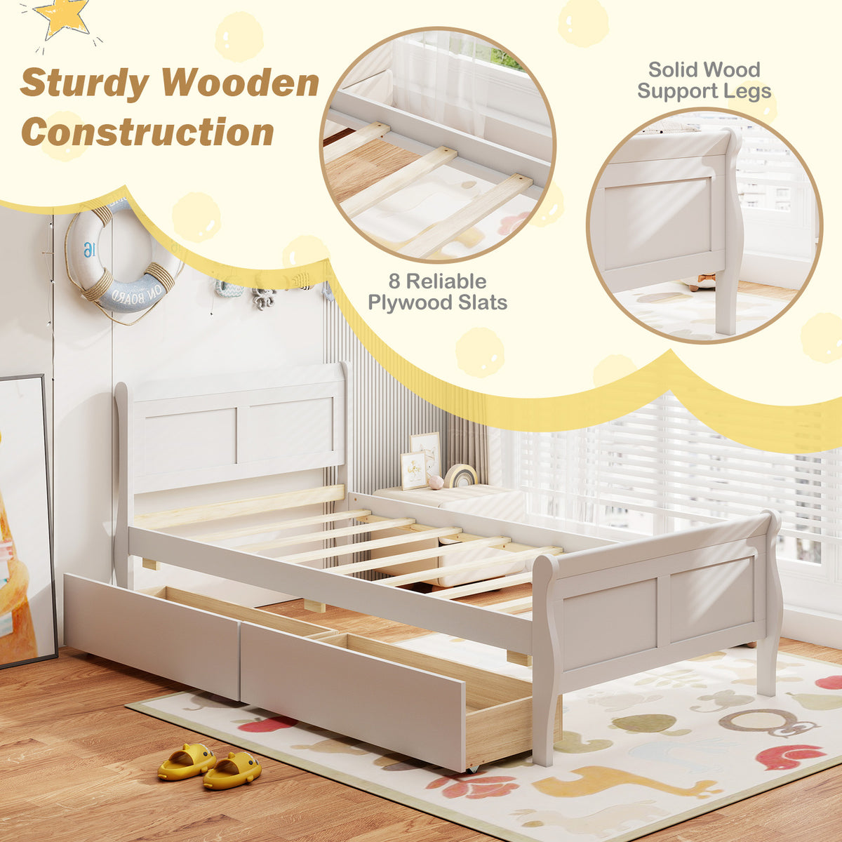 Twin Size Sleigh Bed with 2 Storage Drawers Wood Platform Bed Frame