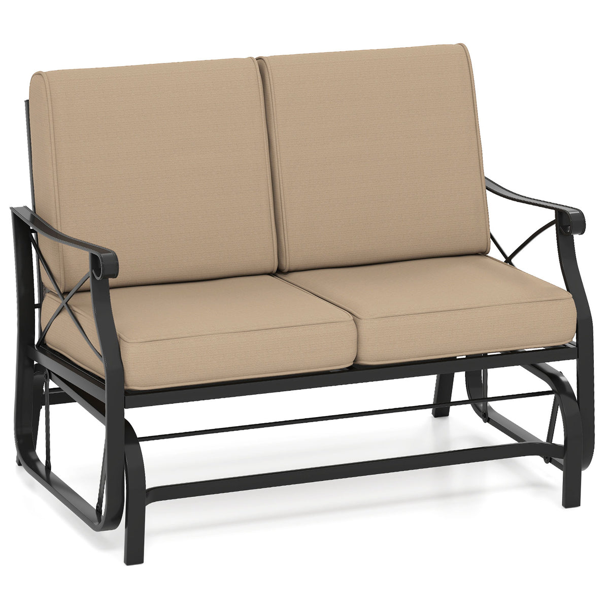 Outdoor 2-Person Glider Rocking Chair Loveseat with Thick Cushions and Metal Frame-Brown