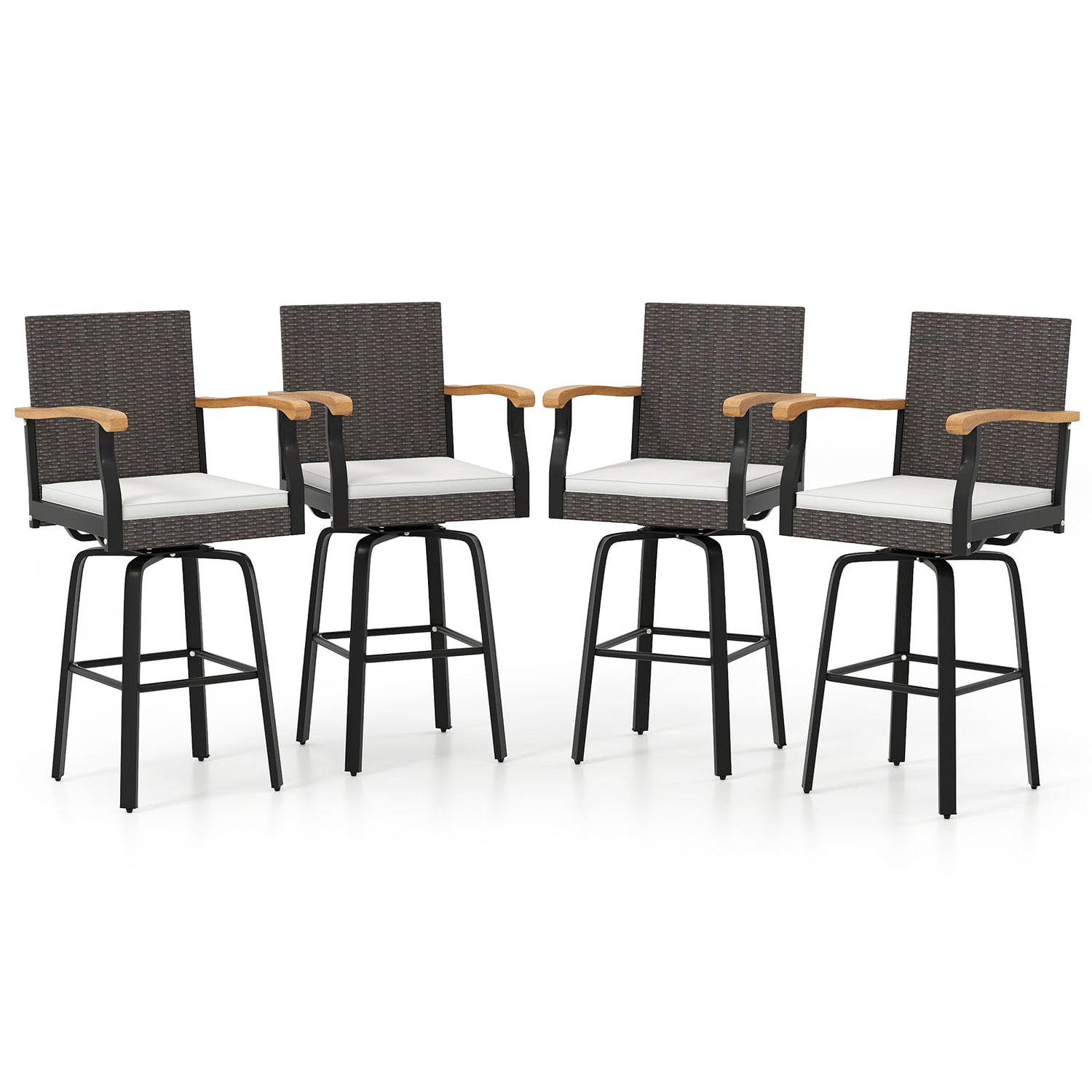 One Outdoor 360° Swivel Bar Stool with Cushion and Acacia Wood Armrests