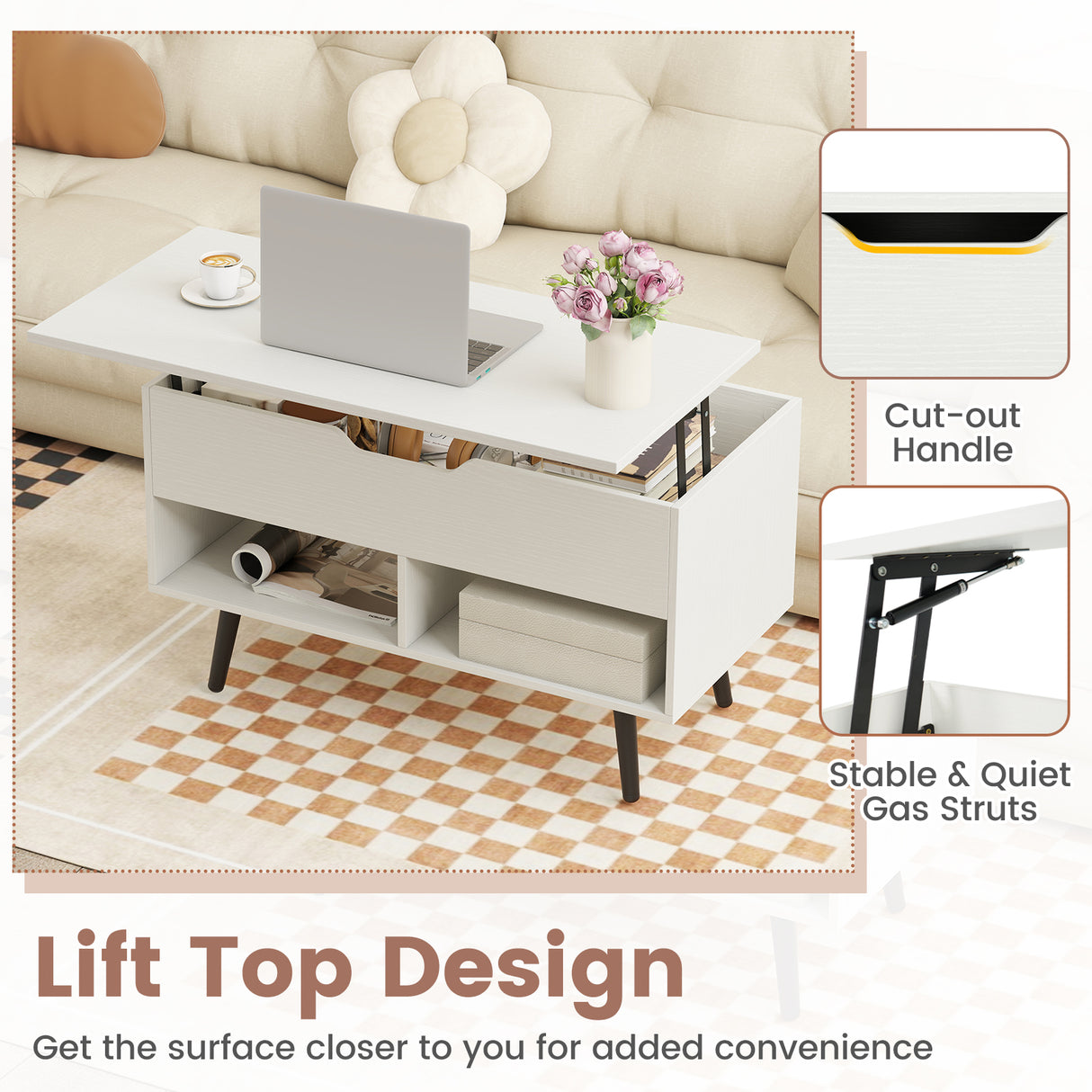 31.5 Inch Lift Top Coffee Table with Hidden Compartment and 2 Storage Shelves