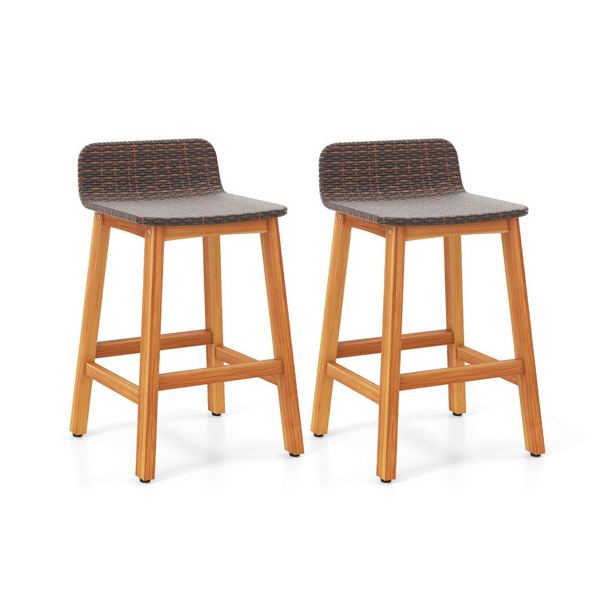 Solid Acacia Wood Bar Stools Set of 2 with Backrests and Footrests for Porch