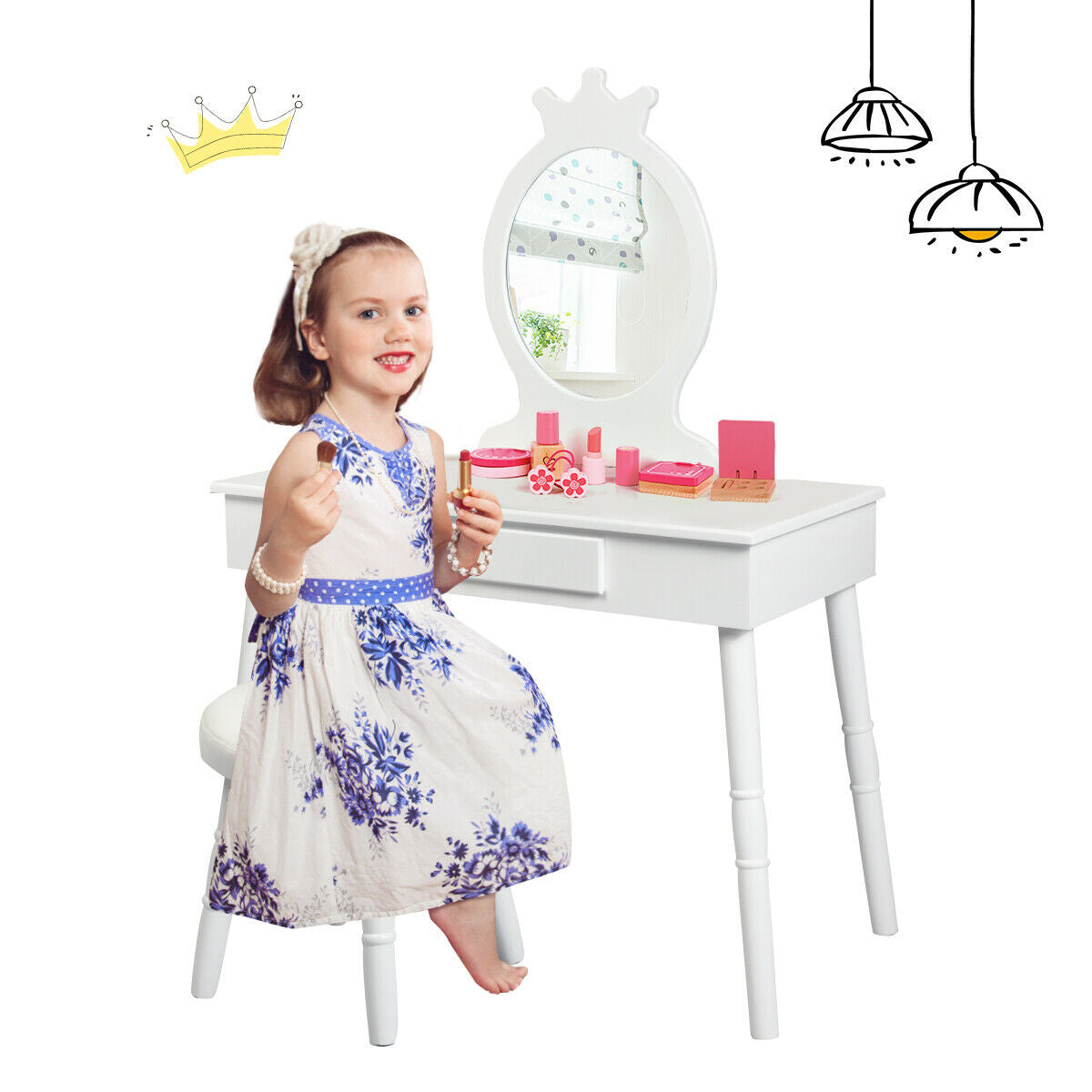 Kids Vanity Makeup Table and Chair Set Make Up Stool