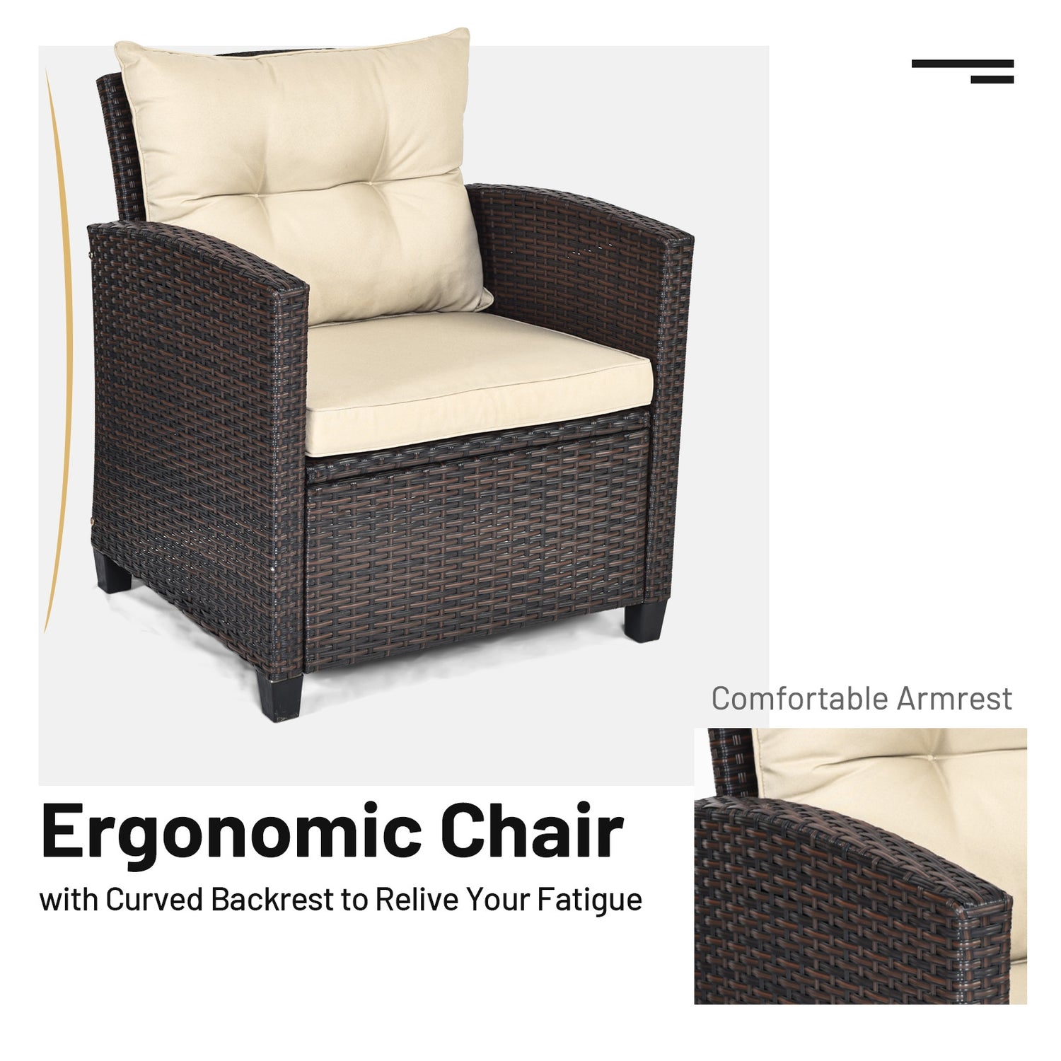 3 Pcs Patio Rattan Furniture Set Cushioned Conversation Set Coffee Table