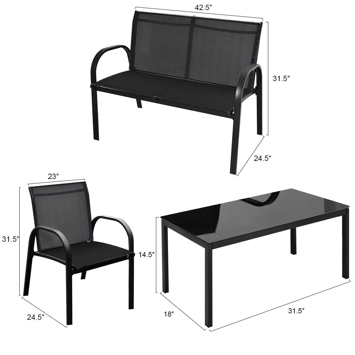 4 Pcs Patio Steel Frame Coffee Table Furniture Set