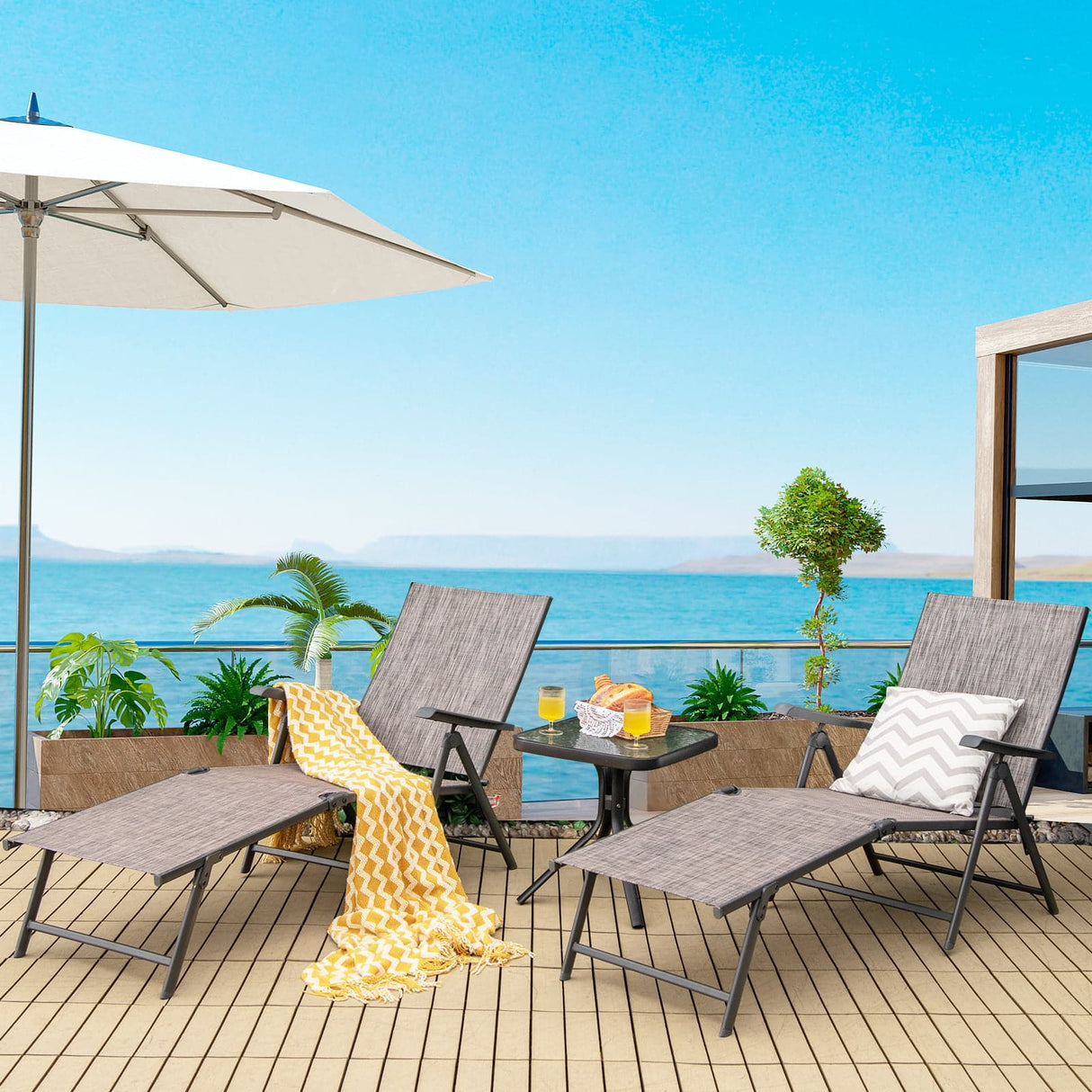 2 Pieces Foldable Chaise Lounge Chair with 2-Position Footrest