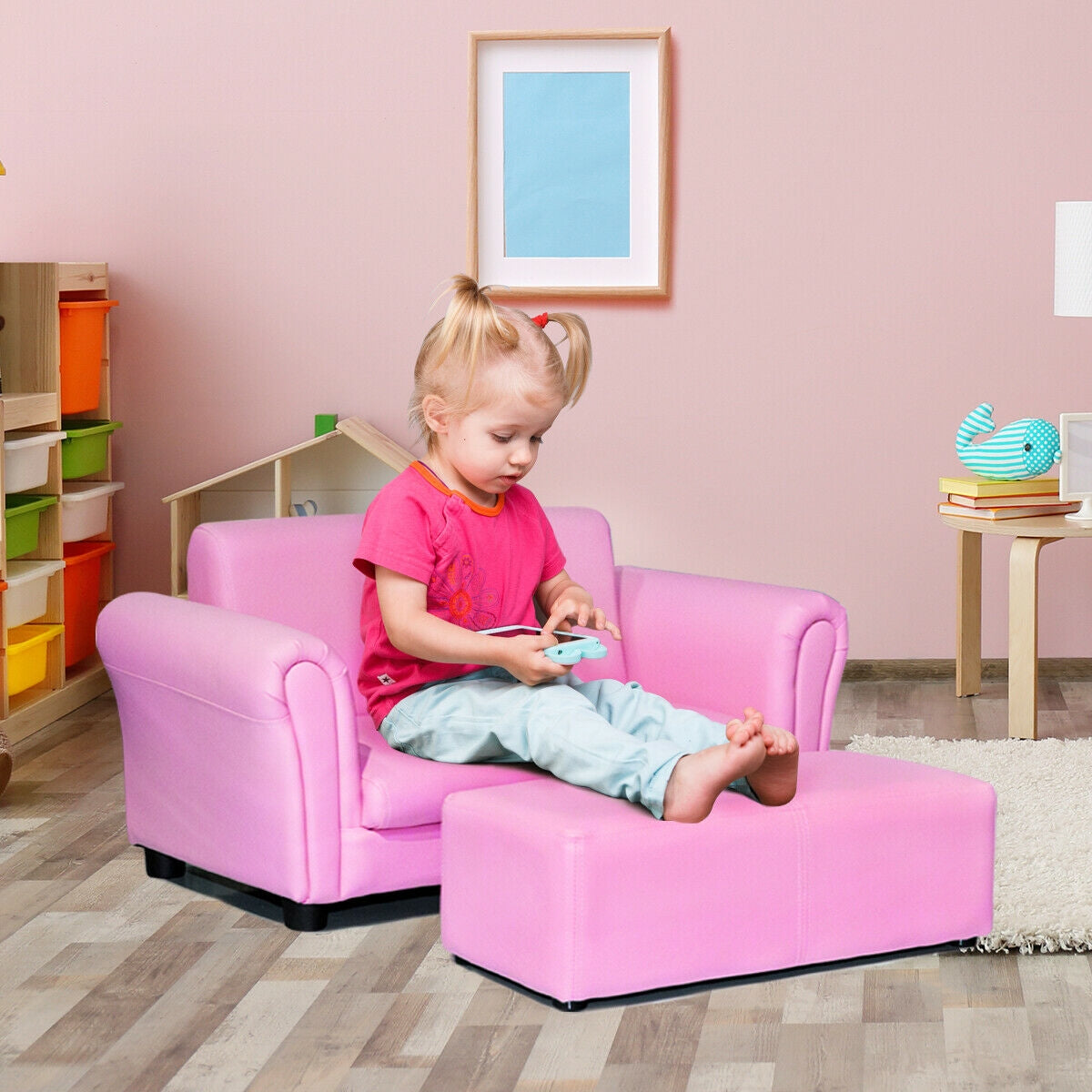 Black/White Kids Double Sofa with Ottoman