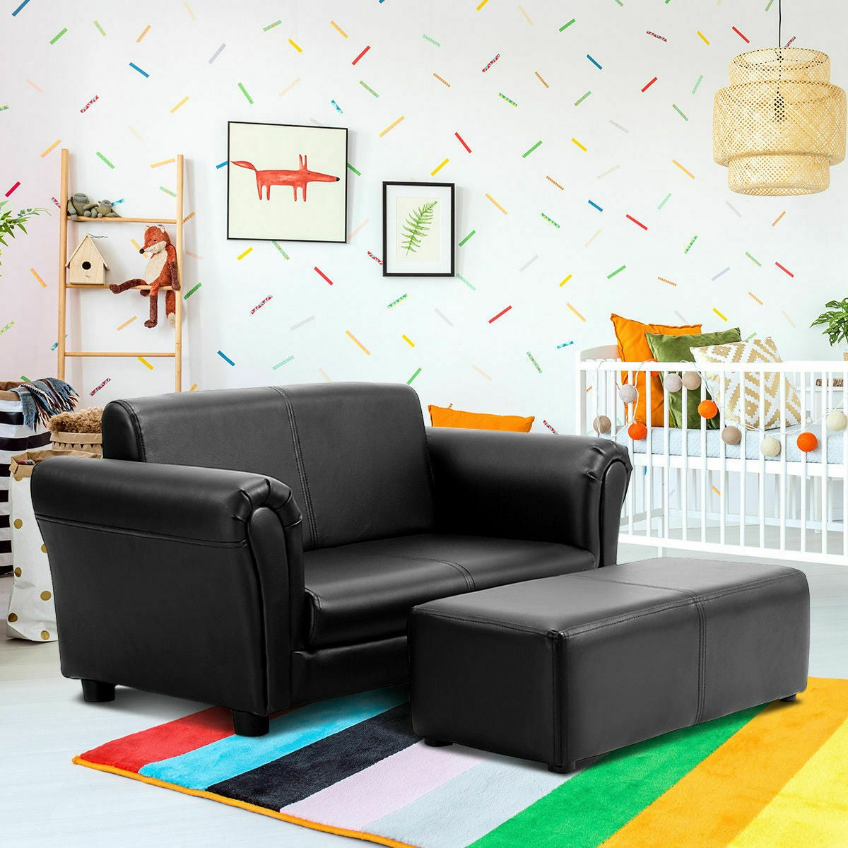 Black/White Kids Double Sofa with Ottoman