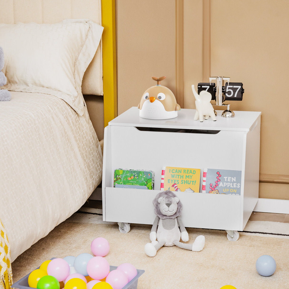 Wooden Mobile Toy Storage Organizer with Bookshelf and Lockable Wheels