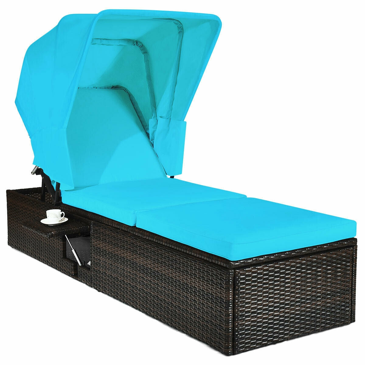 Chaise Cushioned Top Canopy Patio Rattan Lounge Chair with Tea Table