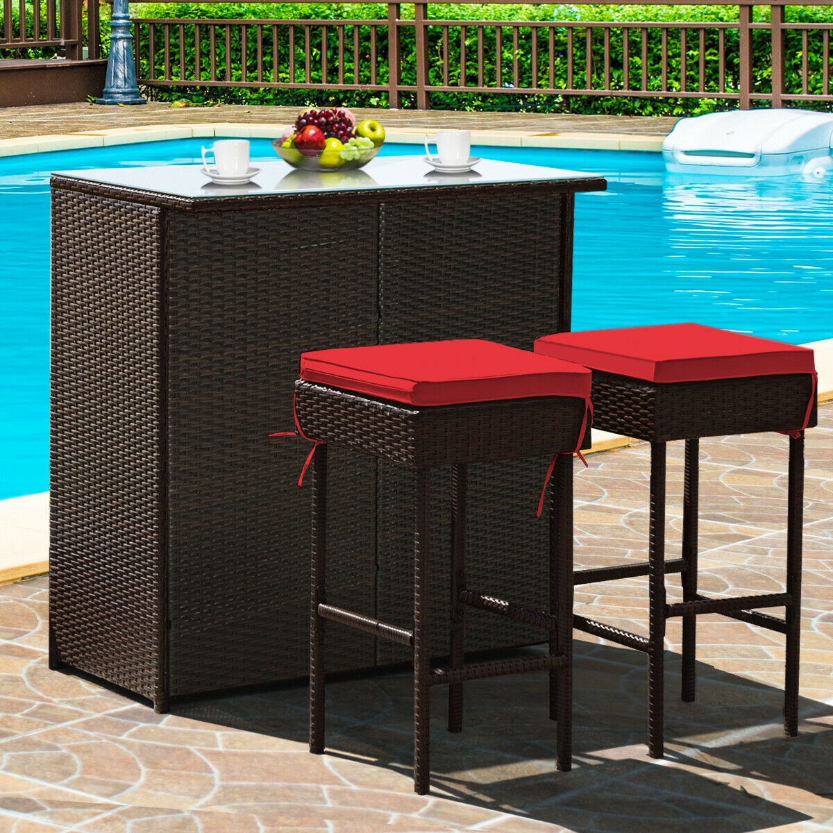 3-piece Rattan Wicker Bar Table Stools Dining Set Cushioned Chairs