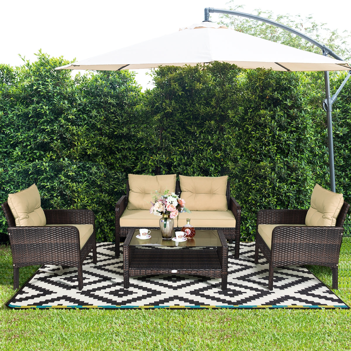 4 Pieces Outdoor Rattan Wicker Loveseat Furniture Set with Cushions