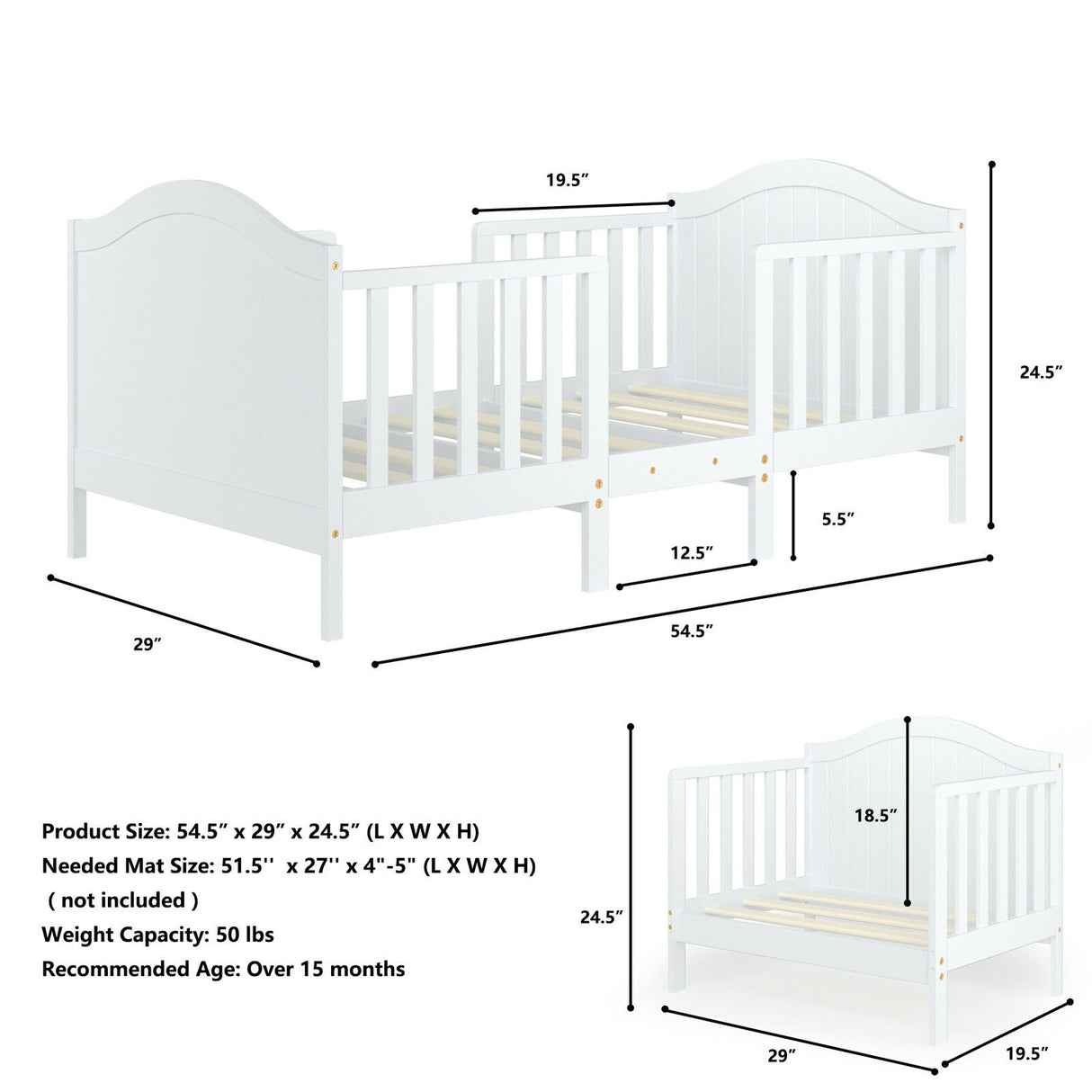 2-in-1 Classic Convertible Wooden Toddler Bed with 2 Side Guardrails for Extra Safety-White
