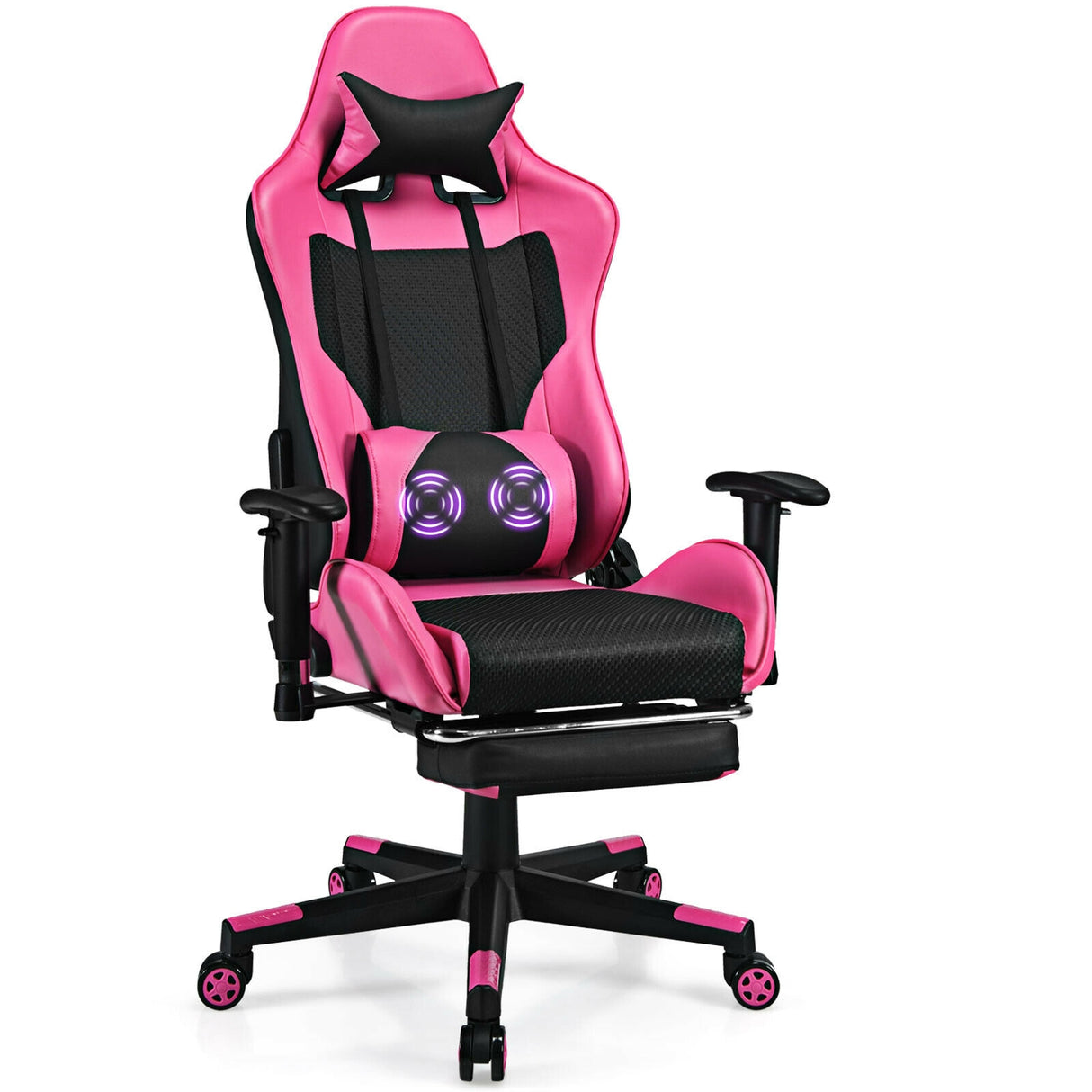 PU Leather Gaming Chair with USB Massage and Lumbar Pillow Footrest