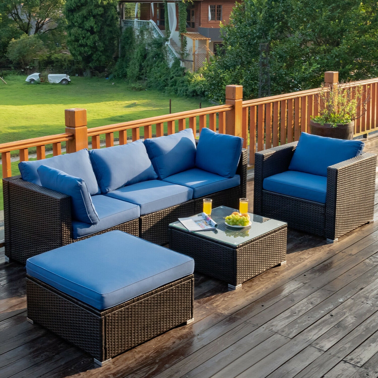 6 Pcs Patio Rattan Furniture Set with Sectional Cushion