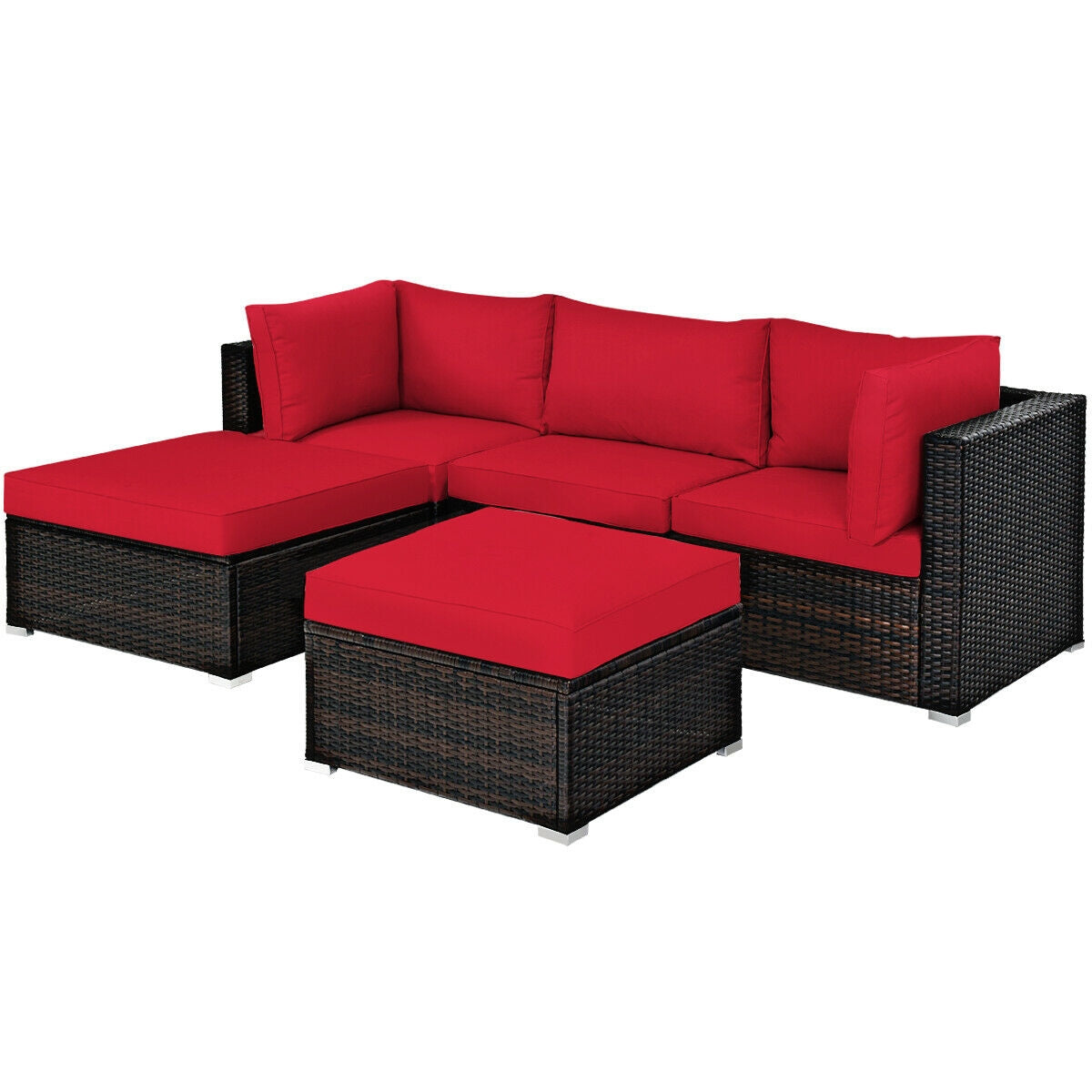 5 Pieces Patio Rattan Sectional Conversation Ottoman Furniture Set
