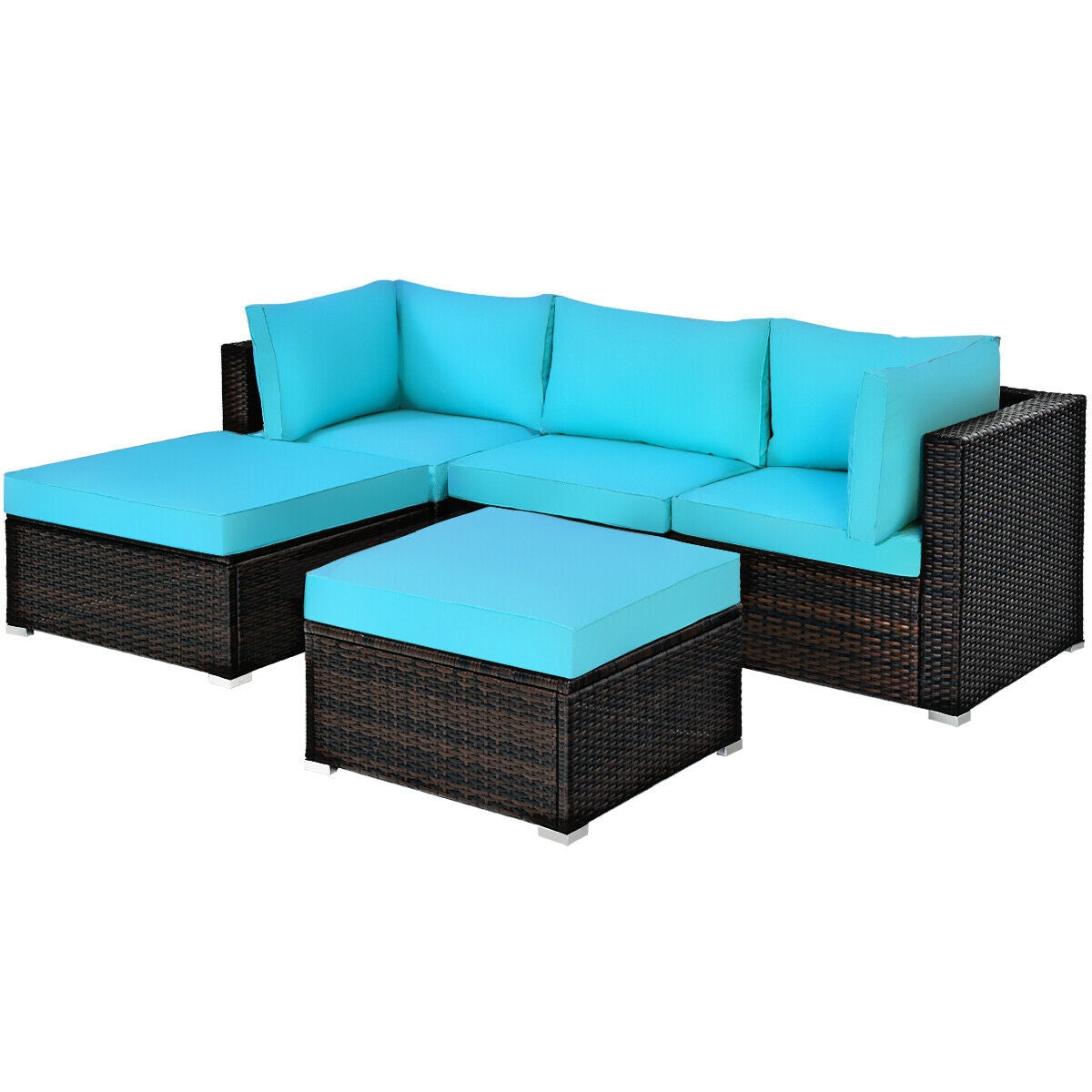 5 Pieces Patio Rattan Sectional Conversation Ottoman Furniture Set