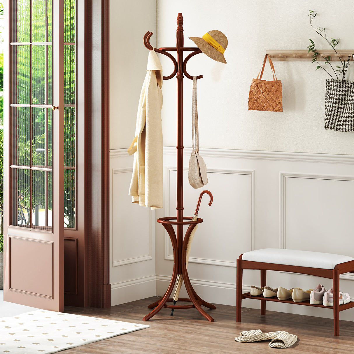 Wood Standing Hat Coat Rack with Umbrella Stand