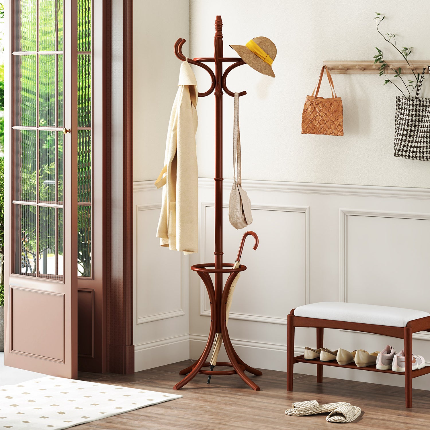 Wood Standing Hat Coat Rack with Umbrella Stand