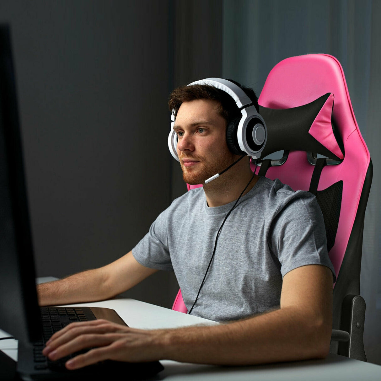 PU Leather Gaming Chair with USB Massage and Lumbar Pillow Footrest