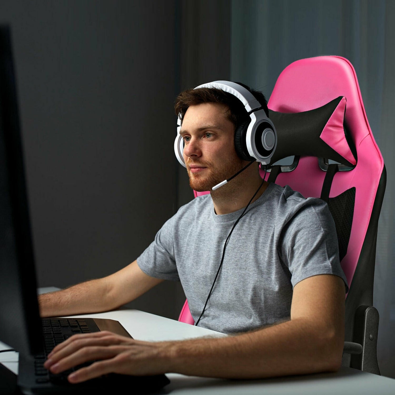 PU Leather Gaming Chair with USB Massage and Lumbar Pillow Footrest