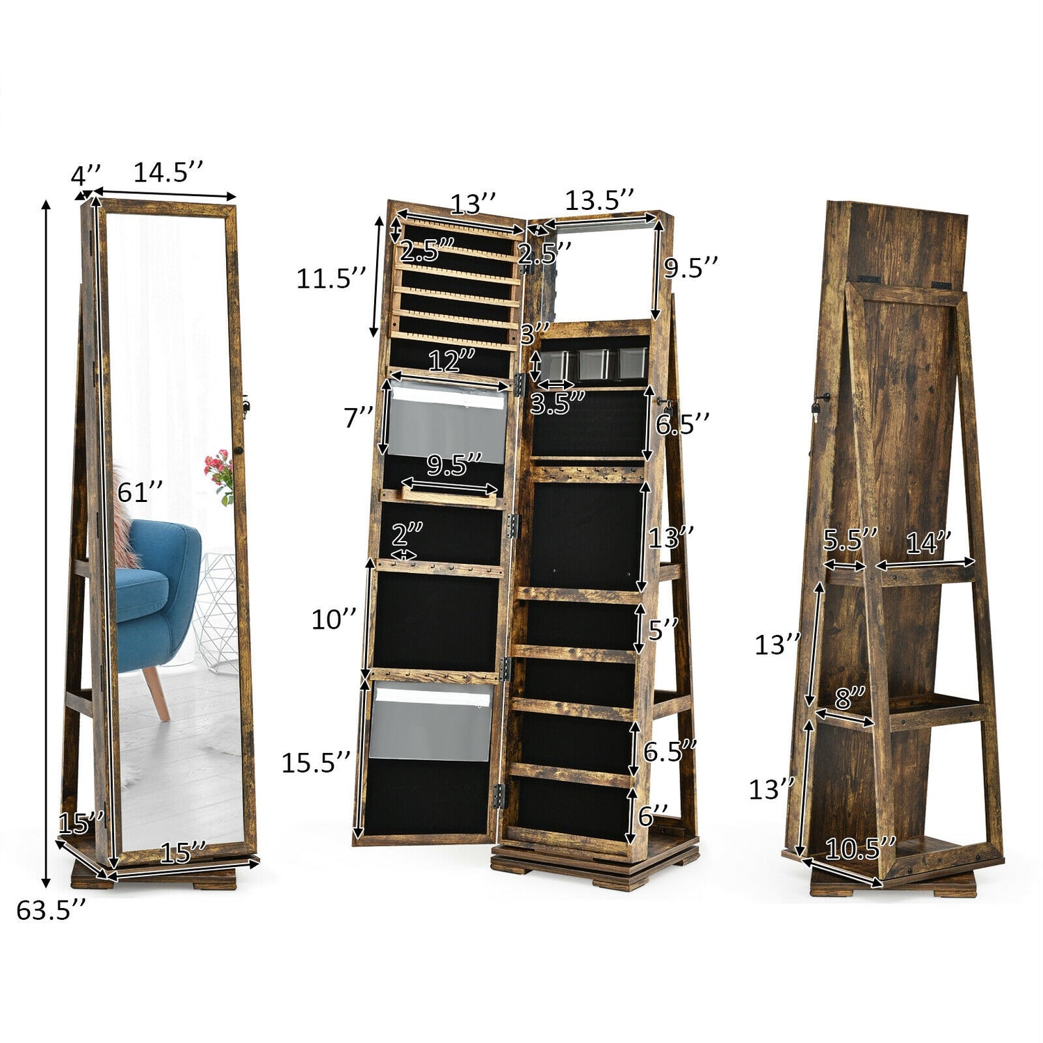 360° Rotatable 2-in-1 Lockable Jewelry Cabinet with Full-Length Mirror
