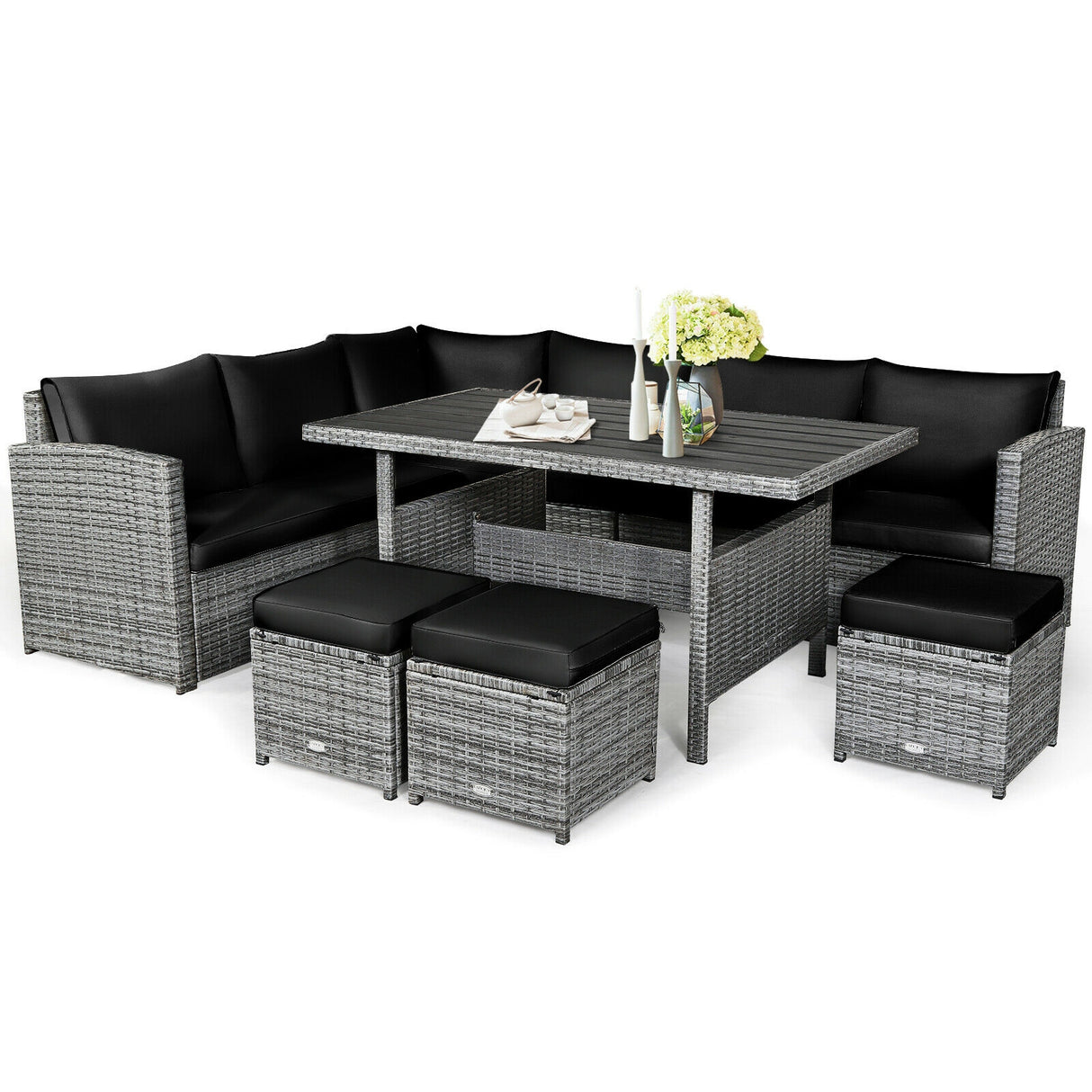 7 Pieces Patio Rattan Dining Furniture Sectional Sofa Set with Wicker Ottoman