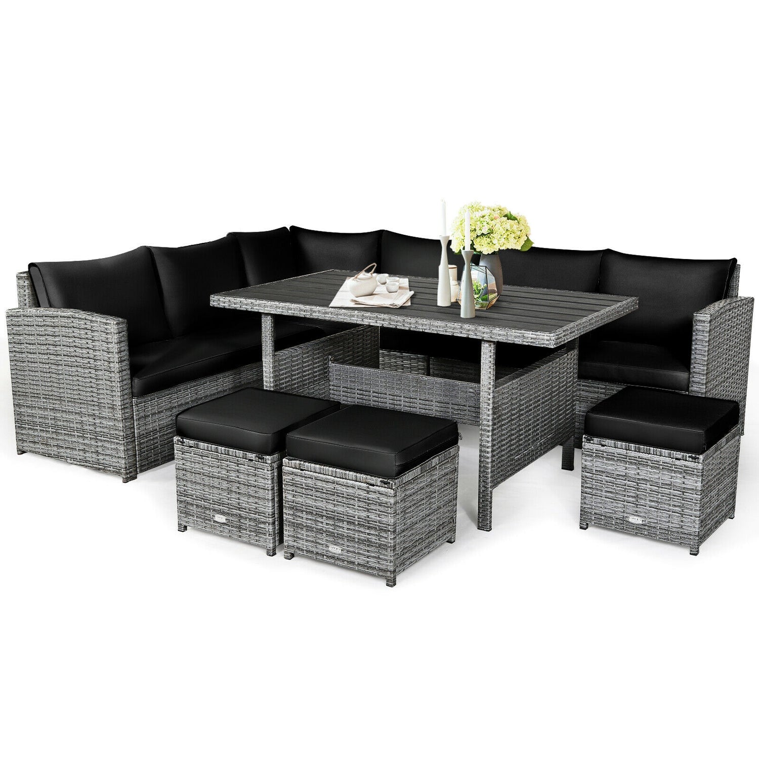 7 Pieces Patio Rattan Dining Furniture Sectional Sofa Set with Wicker Ottoman