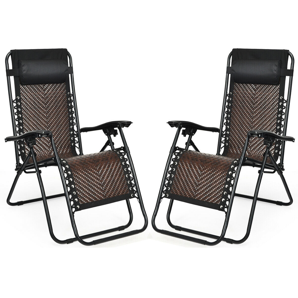 2 Pieces Folding Patio Rattan Zero Gravity Lounge Chair