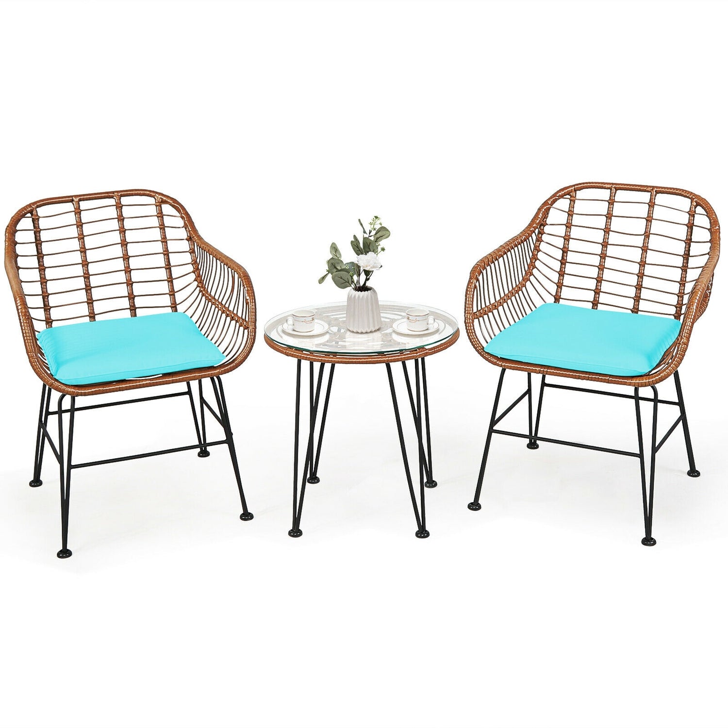 3 Pieces Patio Rattan Bistro Set with Cushion
