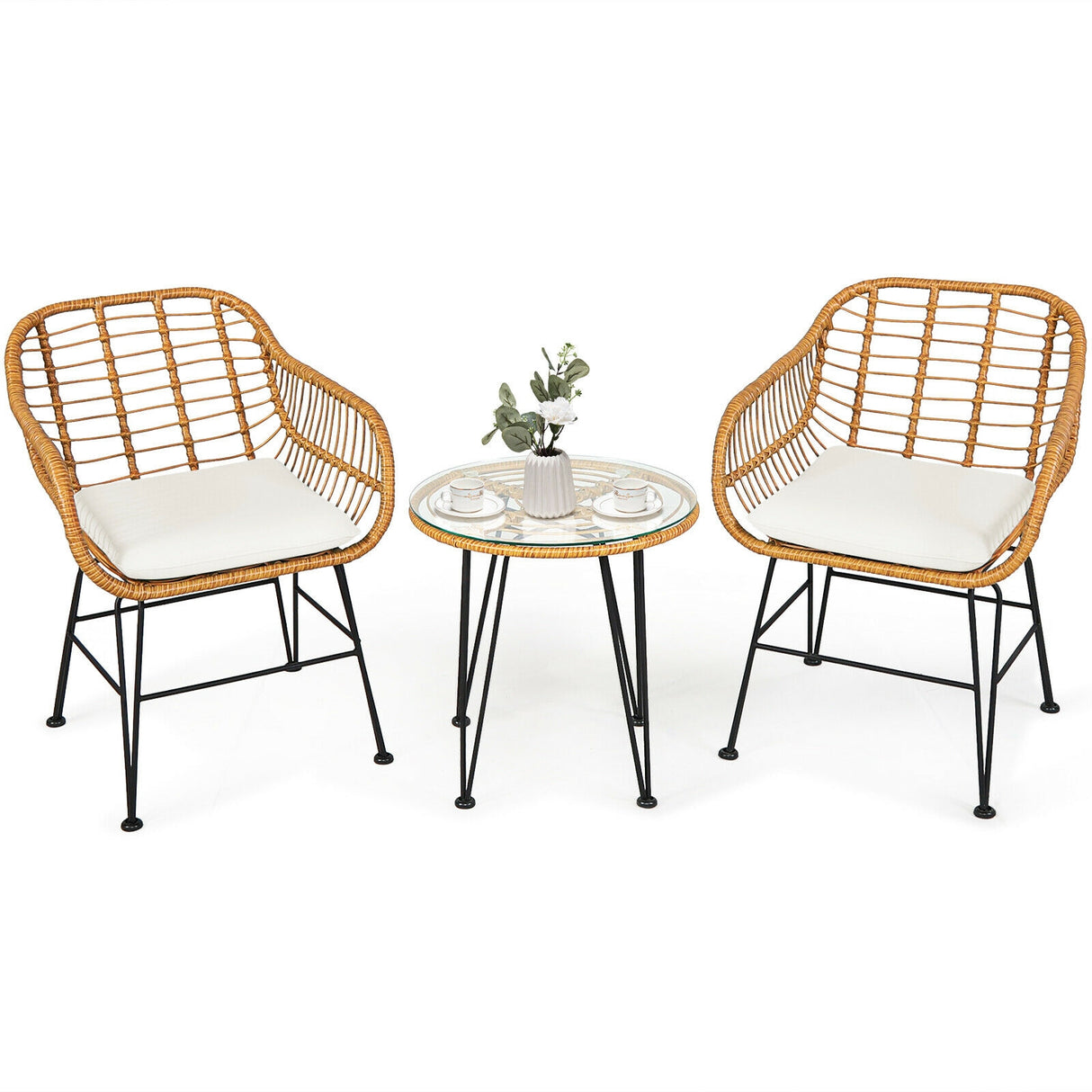 3 Pieces Rattan Furniture Set with Cushioned Chair Table