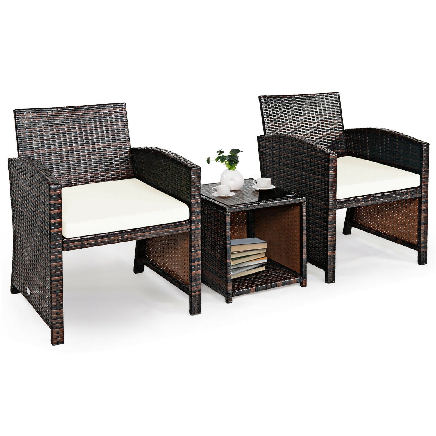 3 Pieces PE Rattan Wicker Furniture Set with Cushion Sofa Coffee Table for Garden