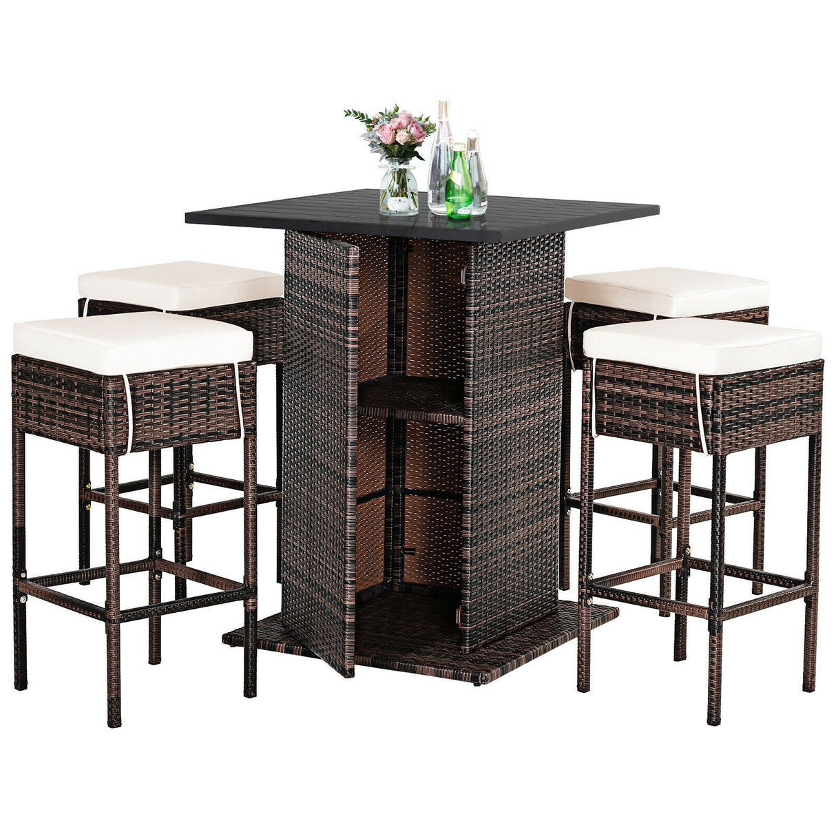 5 Pieces Patio Rattan Bar Table Stool Set Hidden Storage Shelf Cushioned