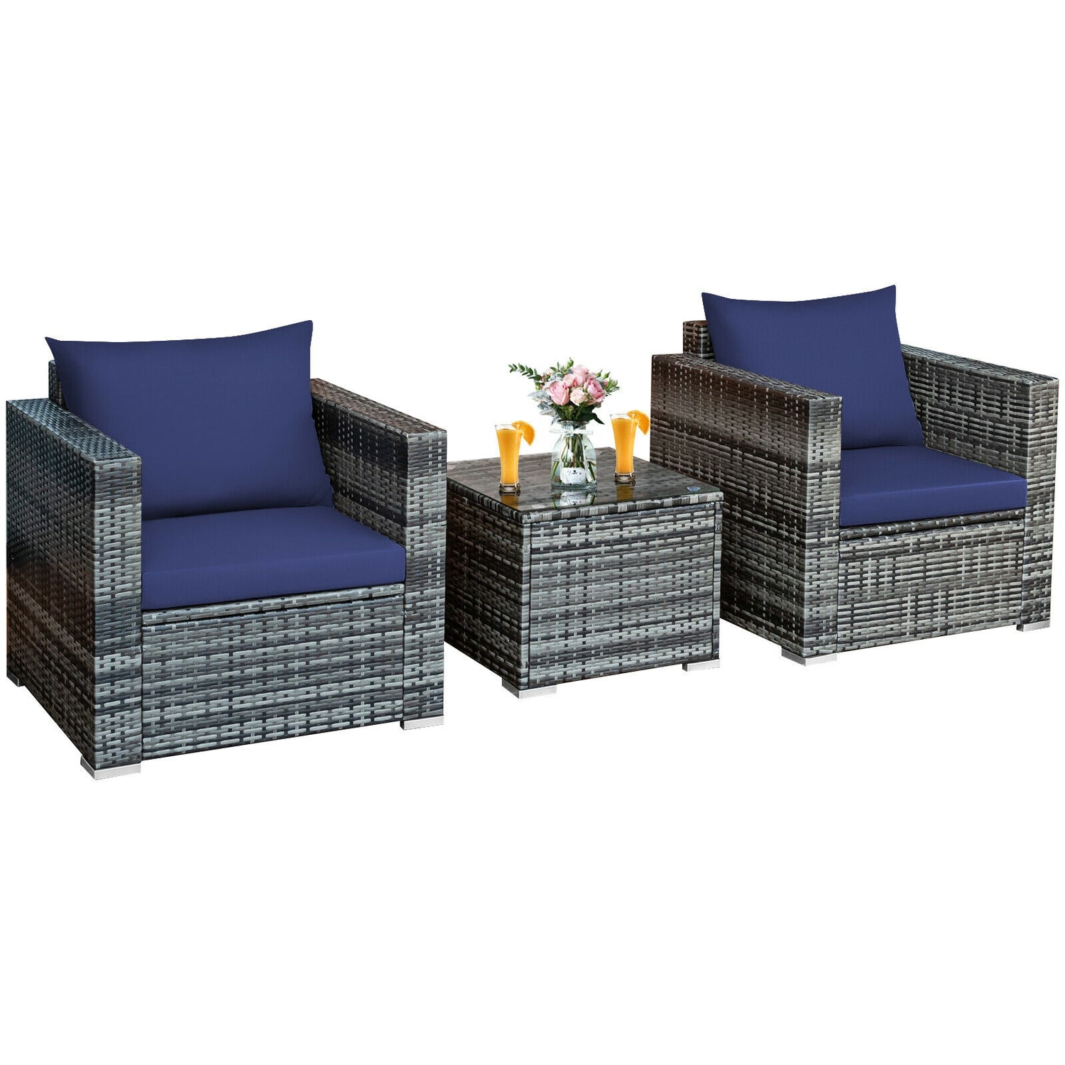 3 Pcs Patio Rattan Furniture Bistro Sofa Set with Cushioned